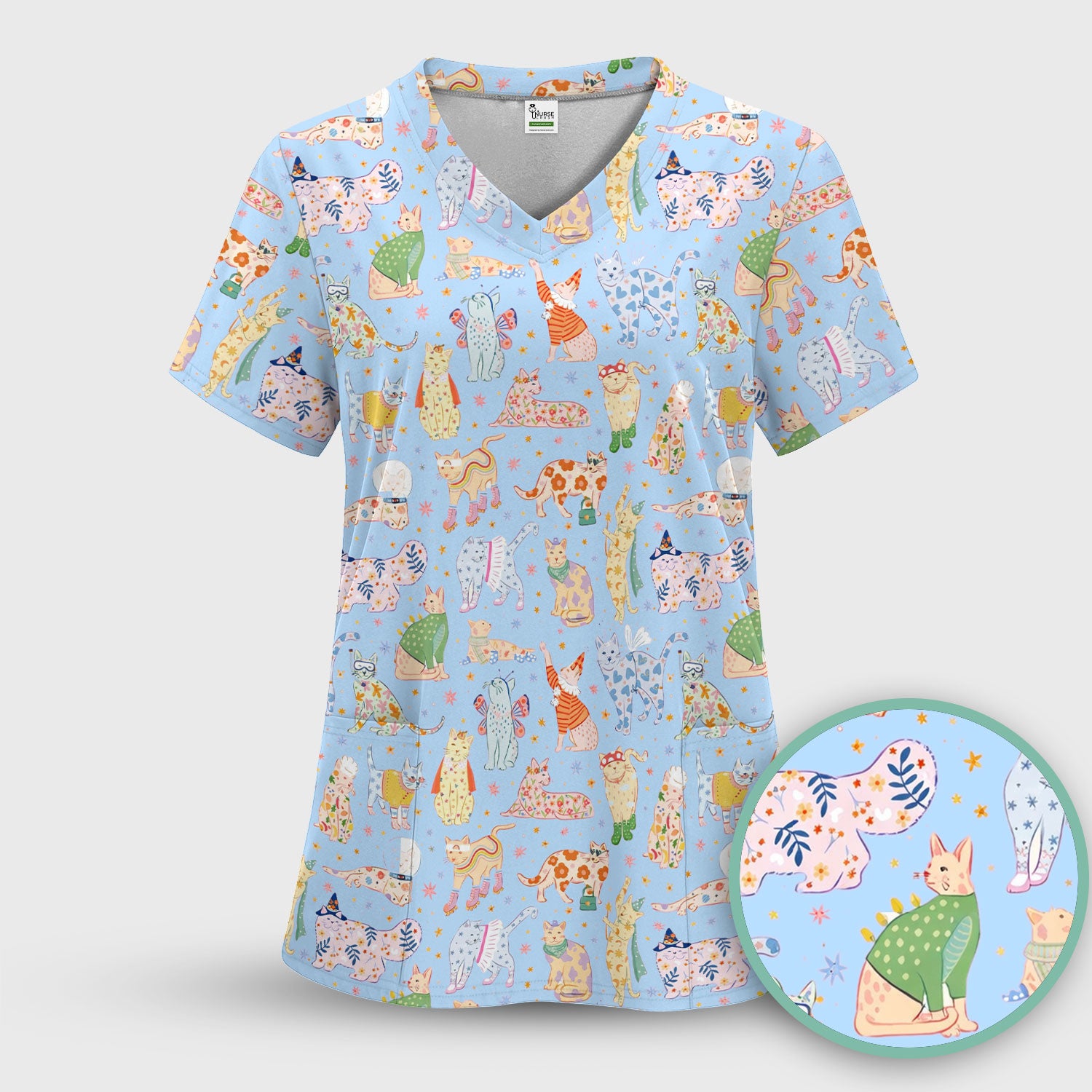 Colorful Pastel Cartoon Cats Print Scrub Top, Breathable Fabrics Nursing Uniform