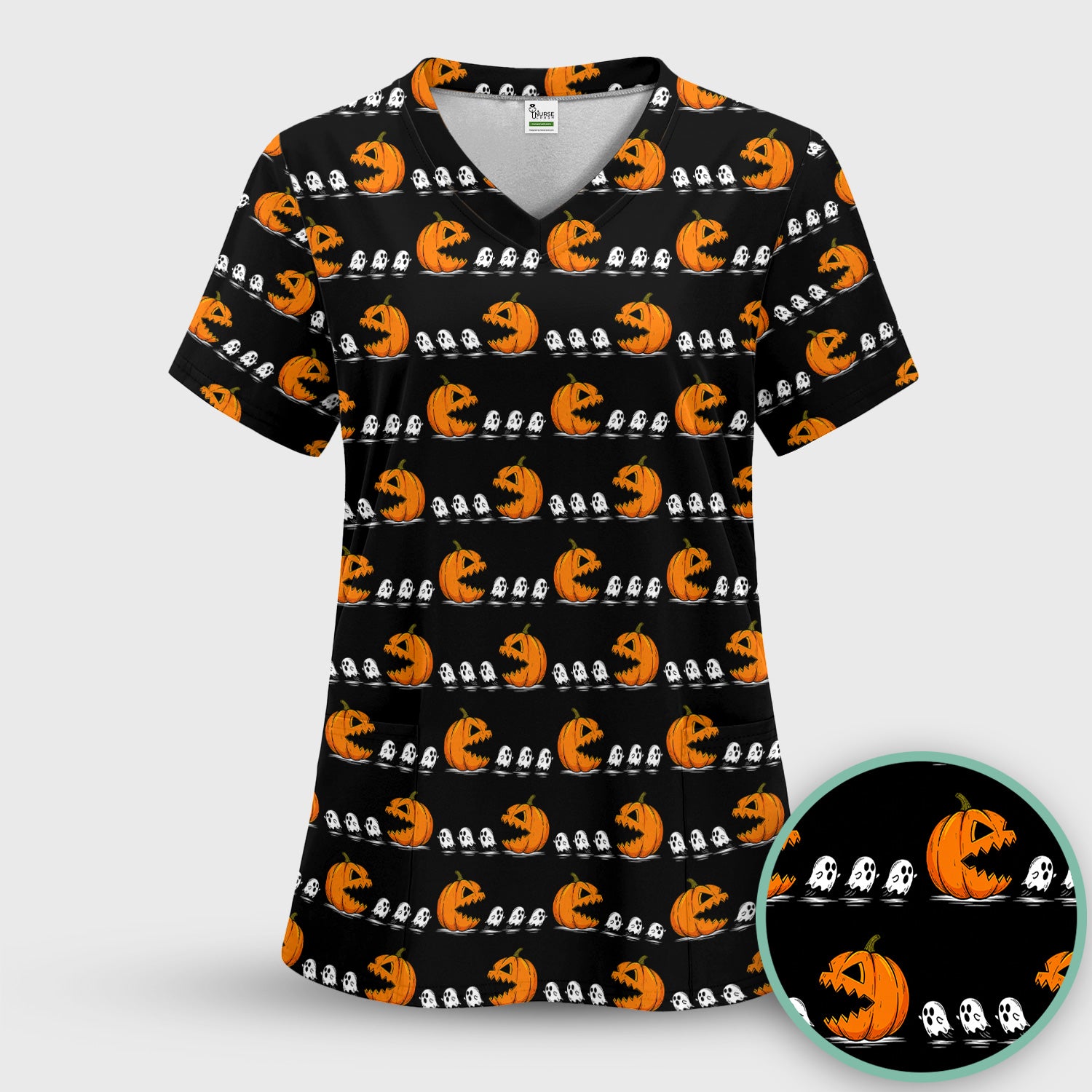 Spooky Halloween Pumpkin Ghost Scrub Top, Comfortable Scrubs for Nurses
