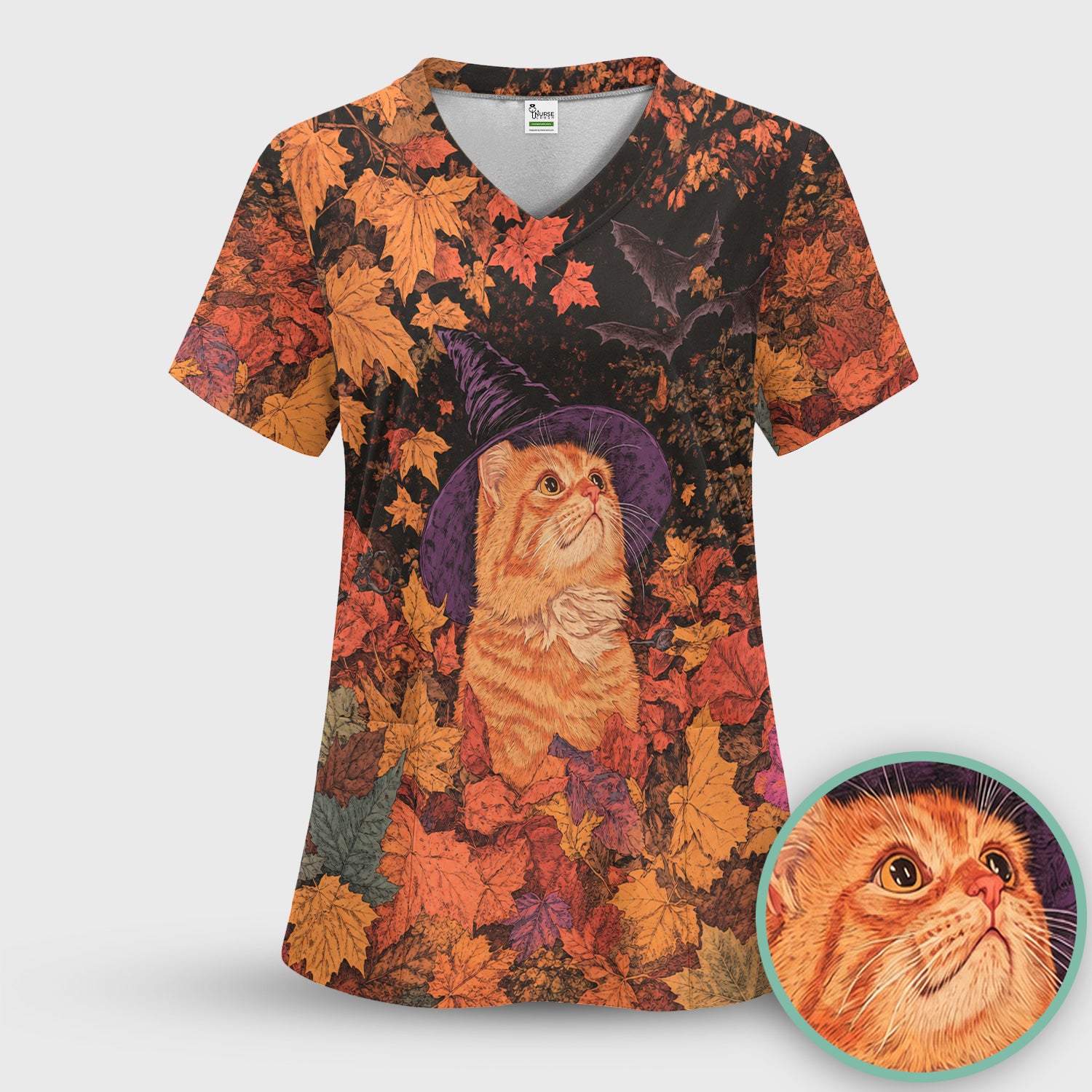 Autumn Cat with Fall Leaves Scrub Top, Comfortable Scrubs for Nurses
