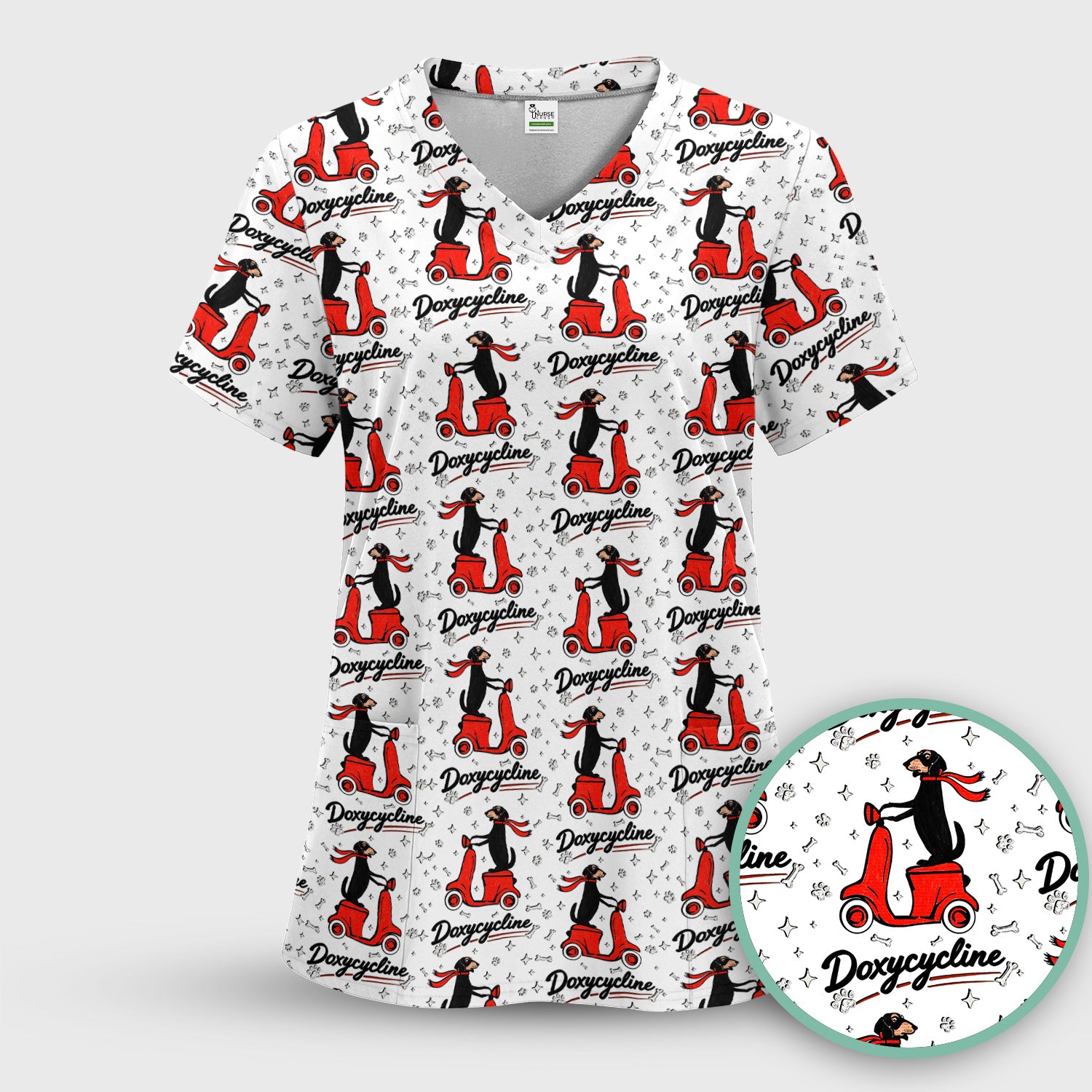 Funny Dachshund Riding Scooter Doxycycline Print Scrub Top ,Comfortable Scrubs for Nurses