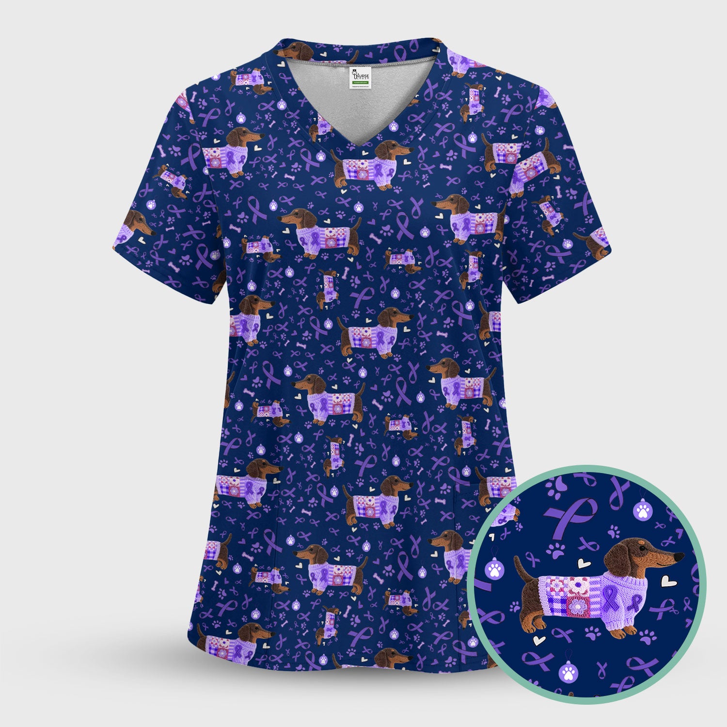 Wiener Dog Purple Ribbon Cancer Awareness Scrub Sets - Dachshund Nursing Uniform - Comfortable Scrubs for Nurses