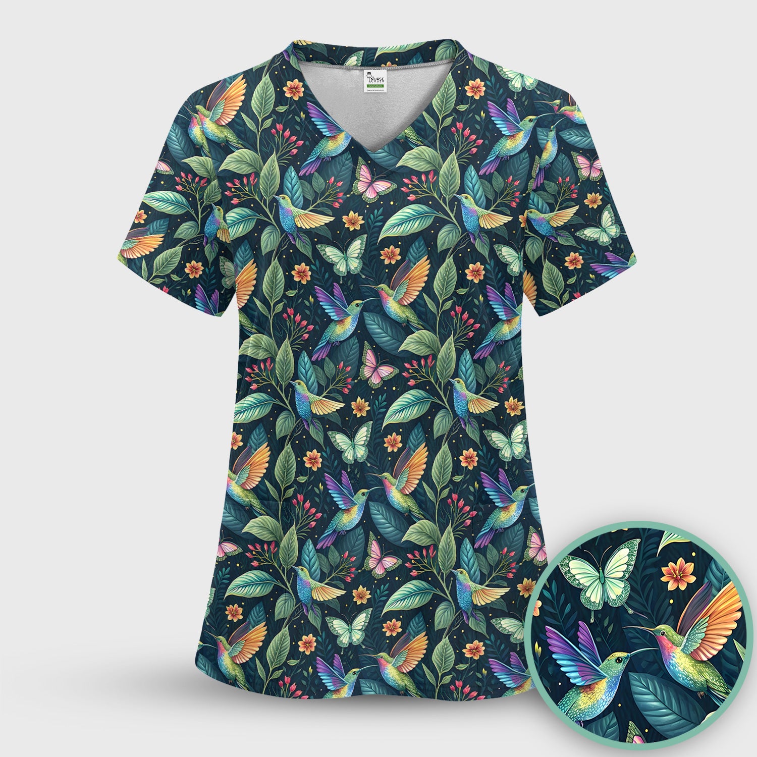 Vibrant Hummingbird Garden Nurse for RN, CNA, Botanical Medical Scrub Set, Scrub Pants and V Neck Top