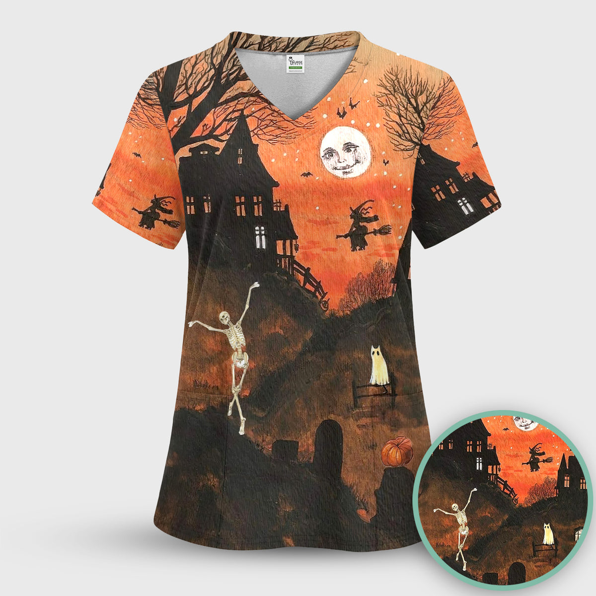 Halloween Haunted House Pattern Scrub Set, Scrub Pants and V Neck Top