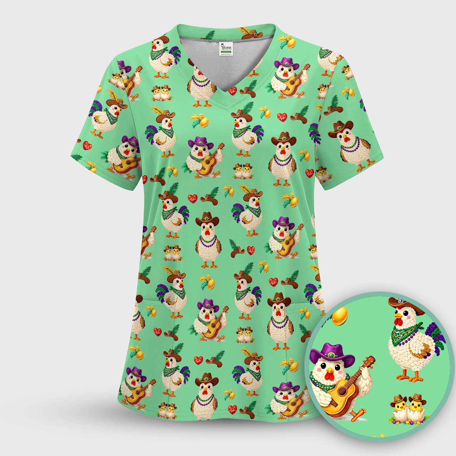 Funny Mardi Gras Rooster Cowboy Print Scrub Top, Comfortable Scrubs for Nurses