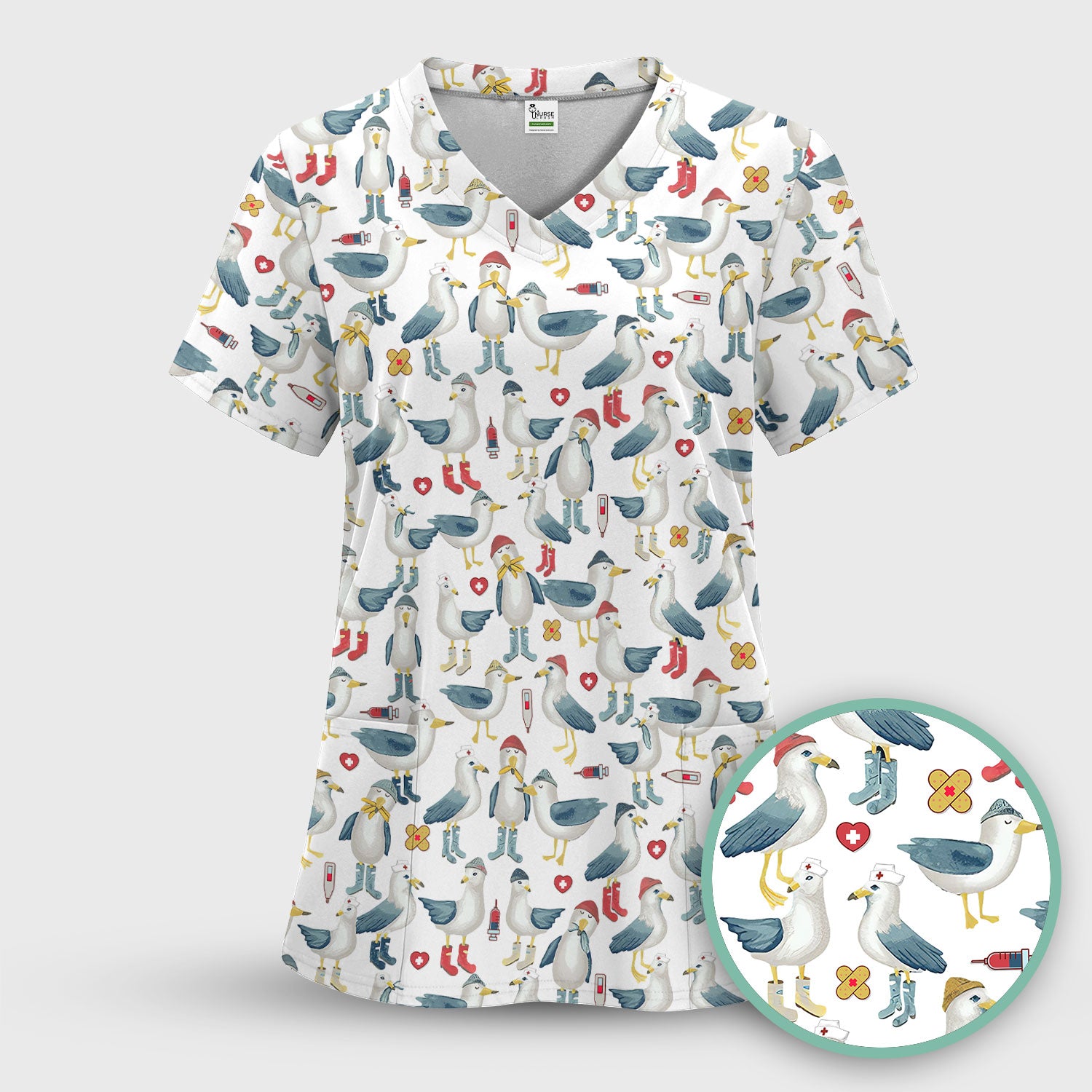 Funny Seagull Nurse Scrub Top - Cute Bird with Medical Icons - Comfortable Scrubs for Women