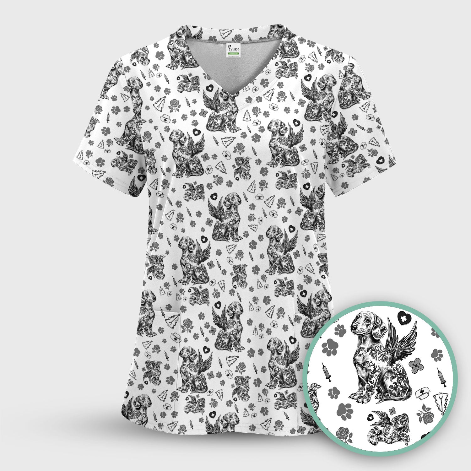 Toile de Jouy Dachshund Angel Scrub Top - Blue Vintage Dog Nurse Shirt - Memorial Christmas Gift
