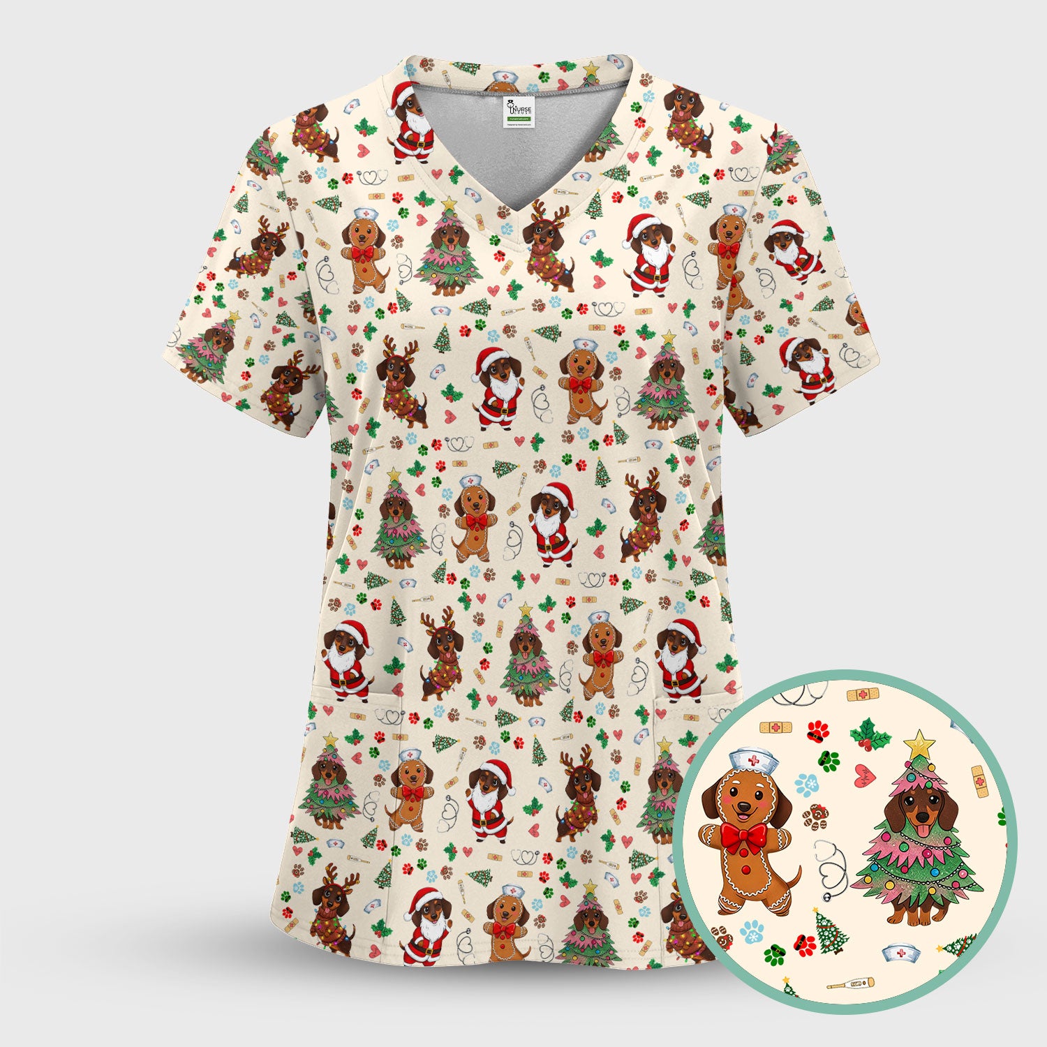 Wiener Dog Christmas Scrub Top – Funny Dachshund Pattern Medical Shirt – Festive Holiday Uniform for RN, LPN, CNA, and Vet Techs