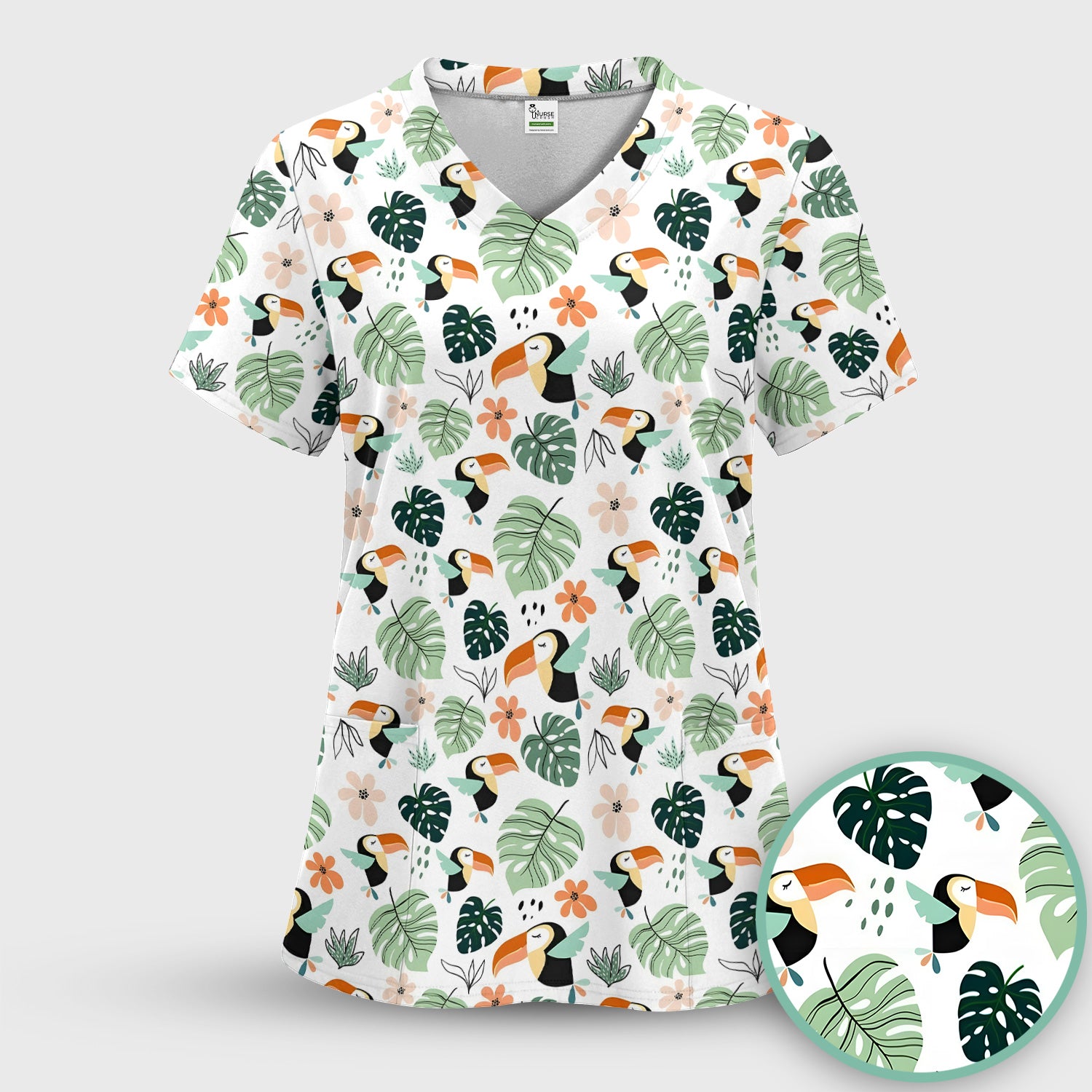 Tropical Toucan Leaf Floral Pattern Scrub Set, Scrub Pants and V Neck Top