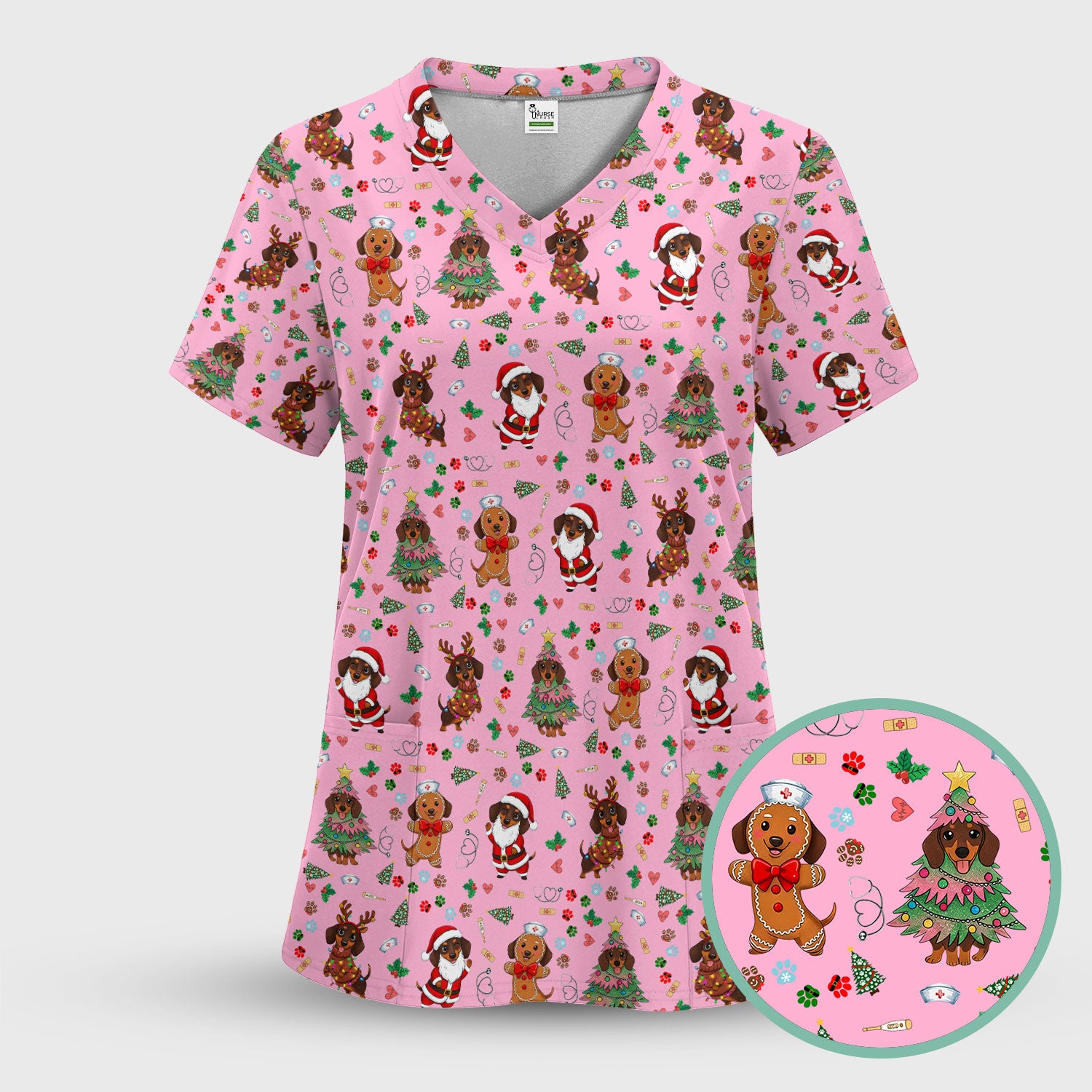 Wiener Dog Christmas Scrub Top – Funny Dachshund Pattern Medical Shirt – Festive Holiday Uniform for RN, LPN, CNA, and Vet Techs