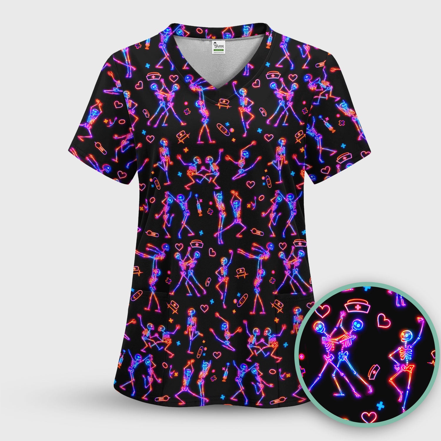 Neon Dancing Skeleton Medical Pattern Scrub Top, Comfortable Scrubs for Nurses
