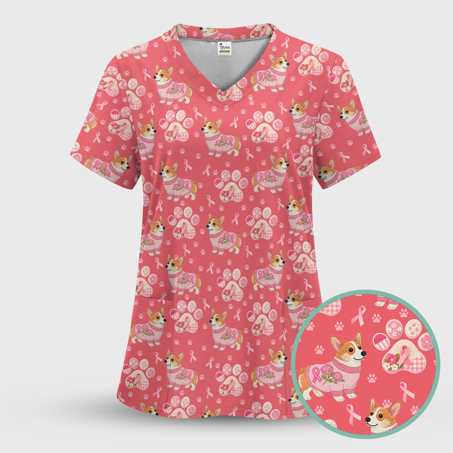 Floral Corgi Scrub Top for Women - Cute Dog Paw Print with Pink Ribbon Shirt - Breast Cancer Awareness October Gift