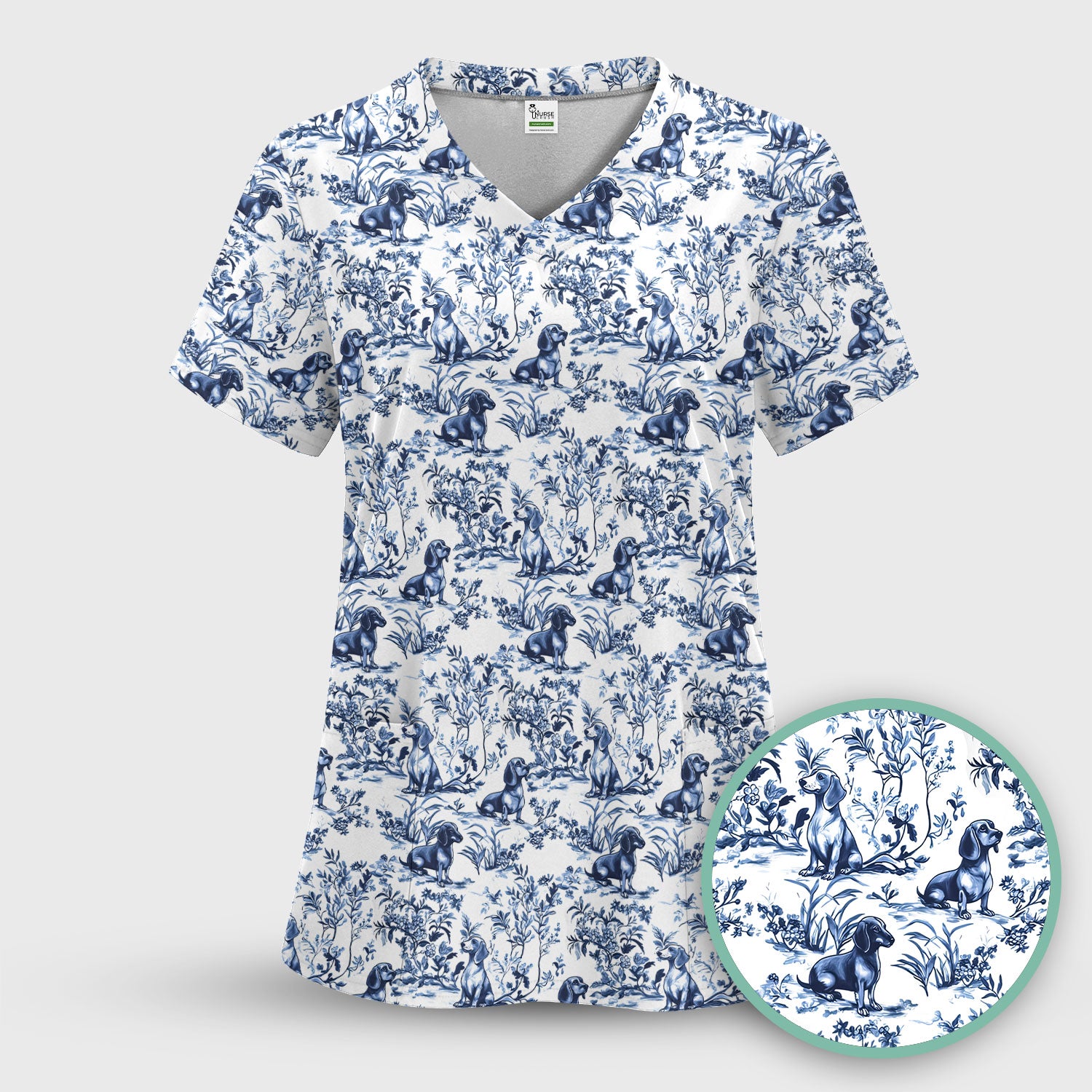 Toile de Jouy Dog Scrub Top – Elegant Blue Dachshund Pattern – Cute Medical Uniform for Nurses, Vets, and Animal Care Workers
