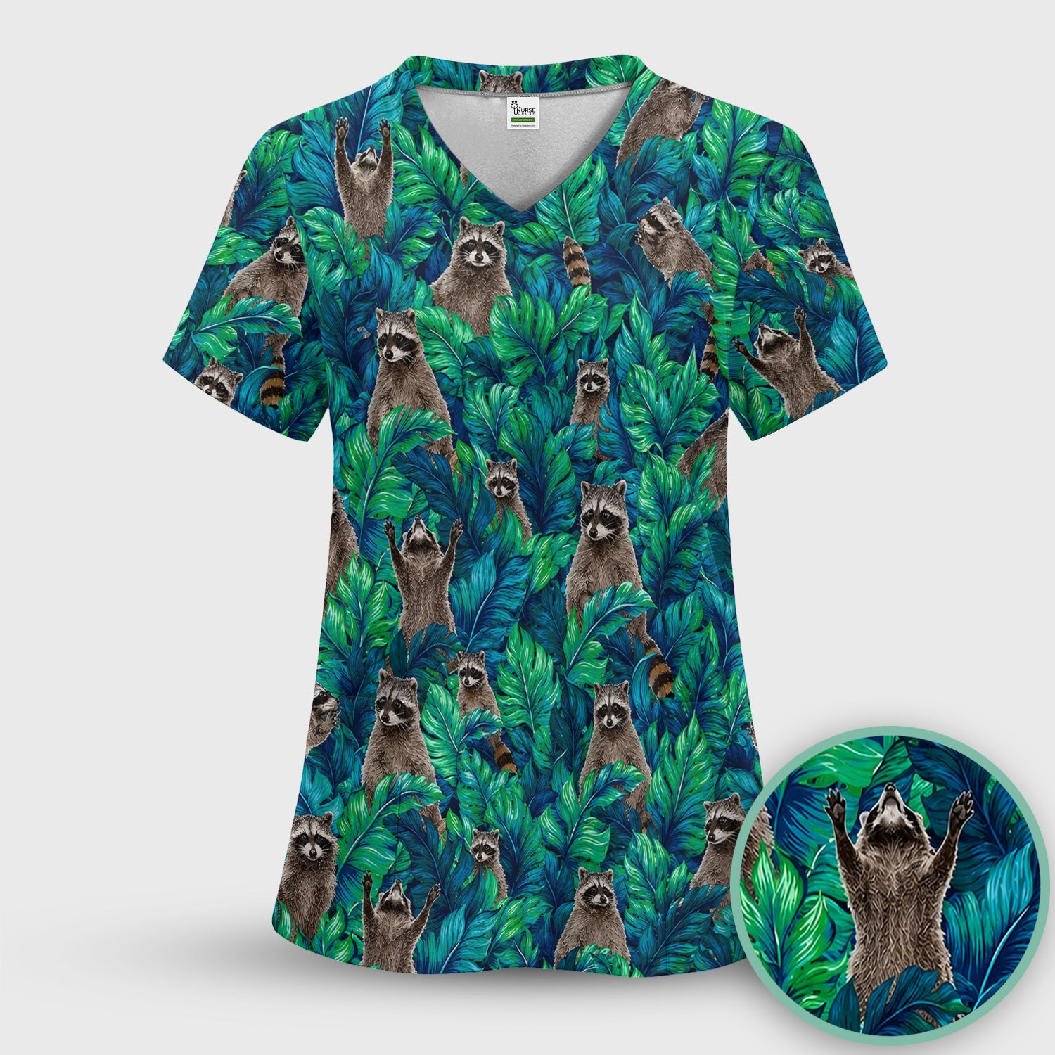 Tropical Raccoon Jungle Leaves Pattern Scrub Set, Scrub Pants and V Neck Top