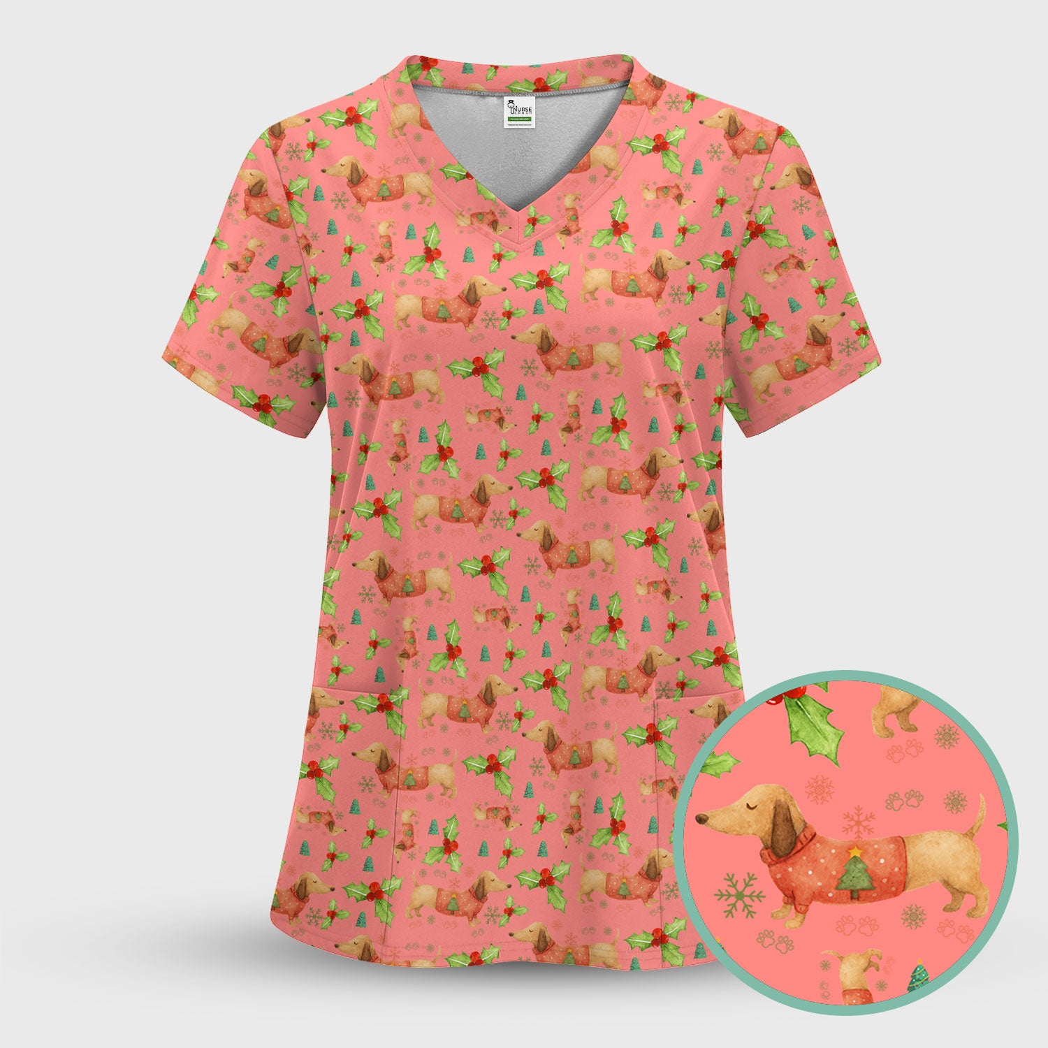 Festive Holiday Dachshund Scrub Top - Funny Sausage Dog Christmas Shirt - Wiener Puppy Lover Gift for RN CNA LPN
