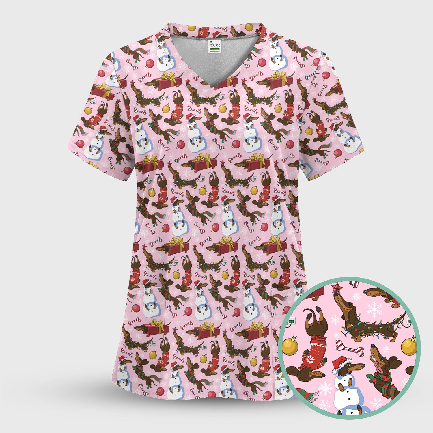 Christmas Nurse Scrubs for Women - Dachshund Dog & Snowman Print - Custom Multi Color Nursing Shirt Holiday Gift