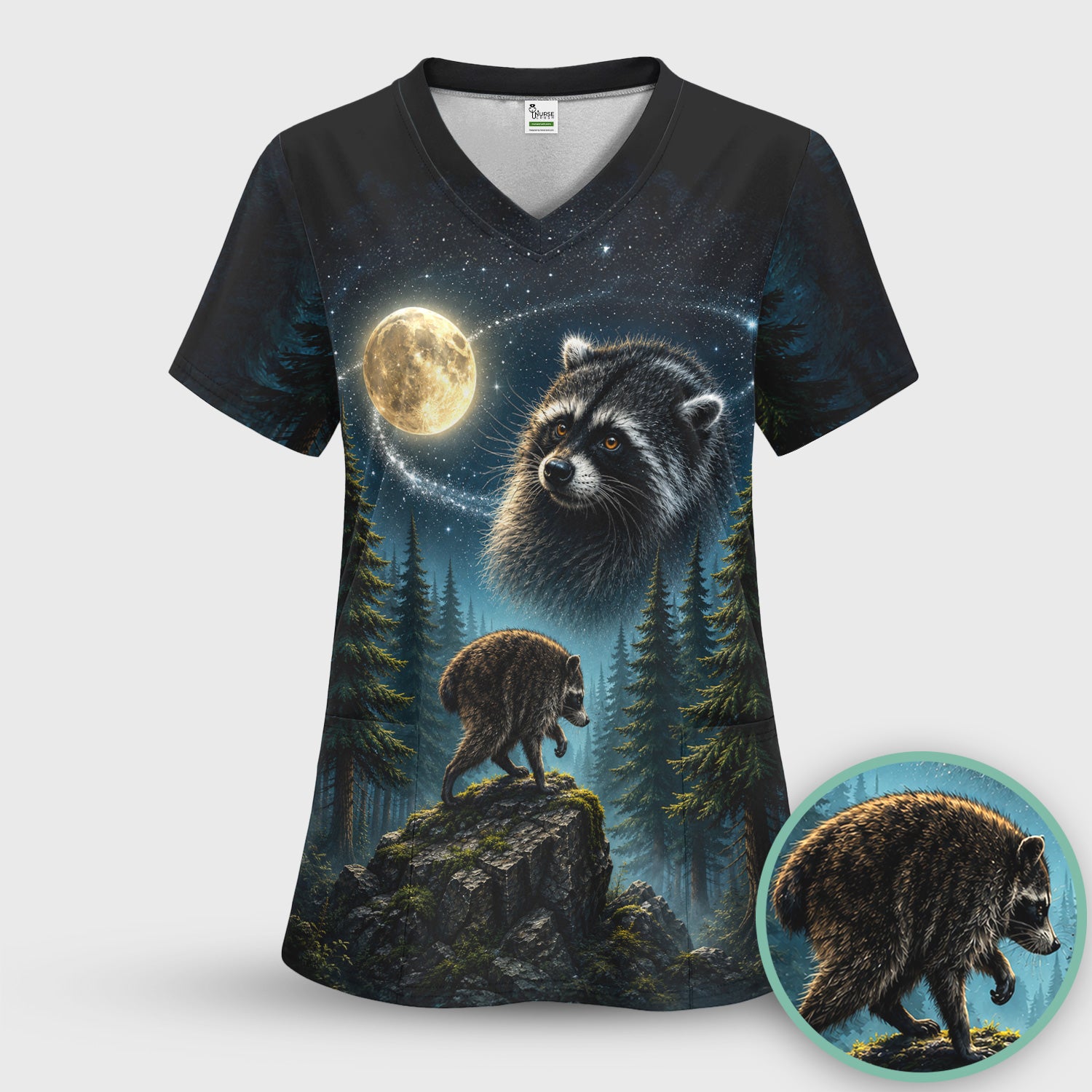 Raccoon On A Moonlit Branch Print Scrub Set, Scrub Pants and V Neck Top