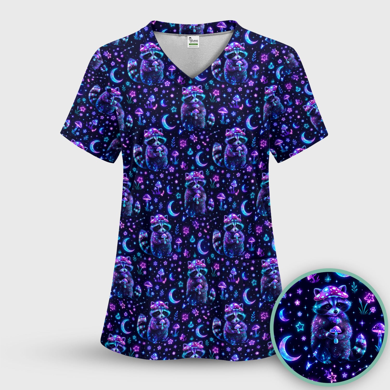 Neon Mushroom Raccoon Moonlight Pattern Scrub Top, Comfortable Scrubs for Nurses