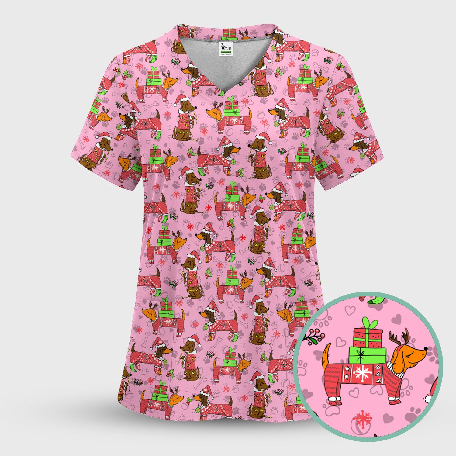 Christmas Dachshund Nurse Scrub Top for Women - Cute Sausage Dog in Santa Hat & Xmas Gift - Funny Holiday Nursing Shirt RN LPN CNA