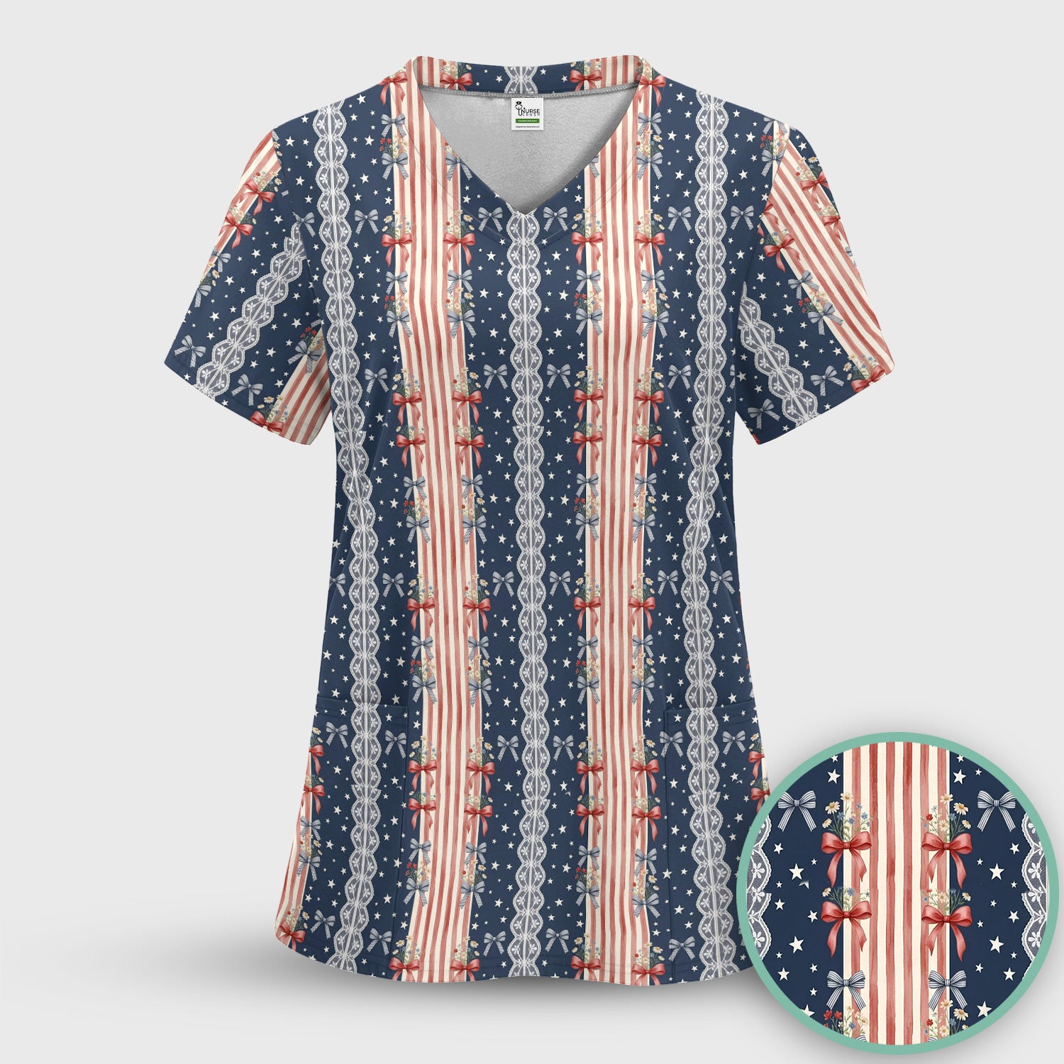 Patriotic Bow Lace Stripe Pattern Scrub Set, Scrub Pants and V Neck Top
