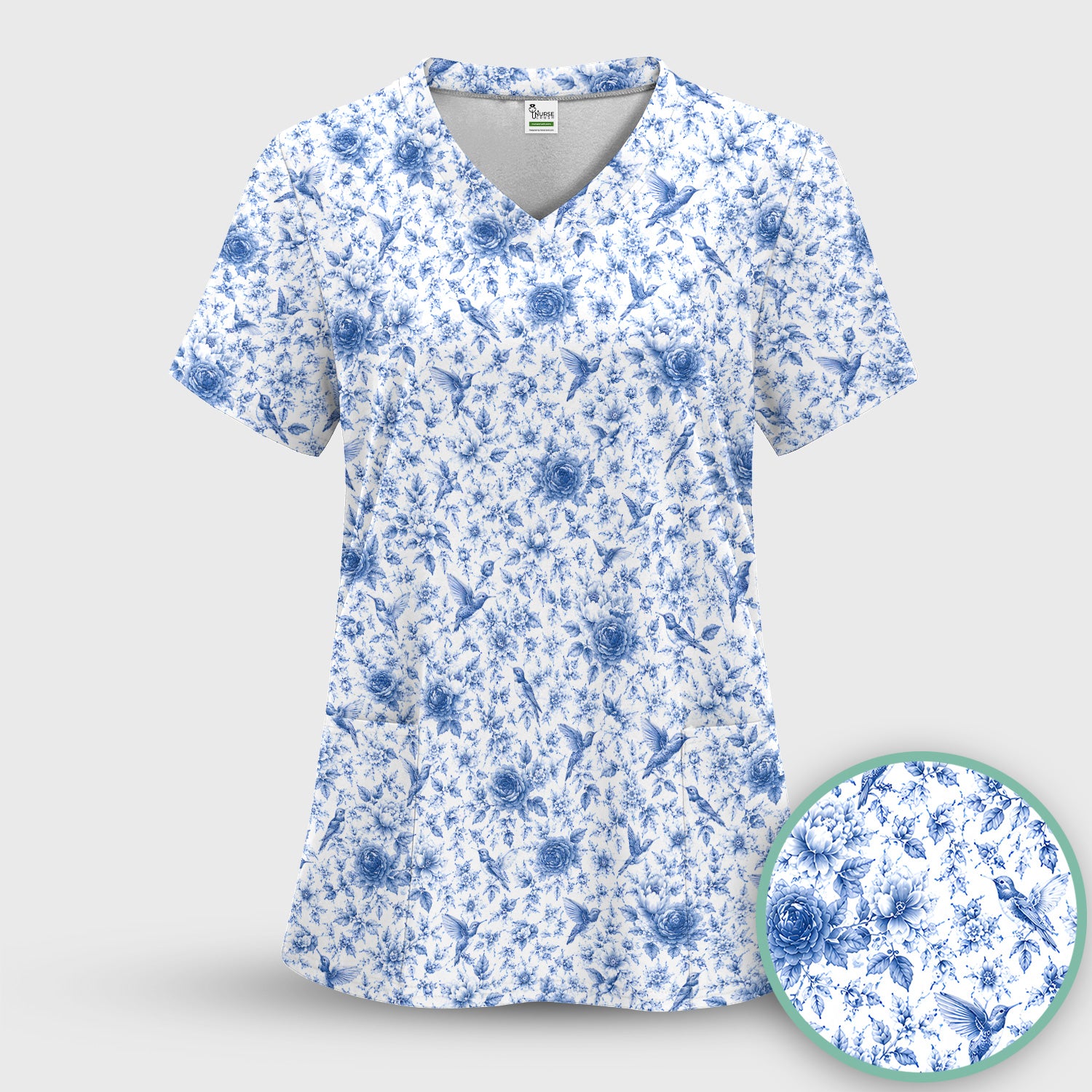 Blue Floral Hummingbird Toile Pattern Scrub Top, Comfortable Scrubs for Nurses