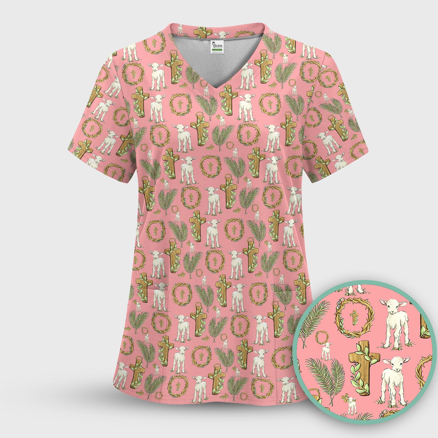 Faith Lamb Cross Pattern Scrub Top, Comfortable Scrubs for Nurses