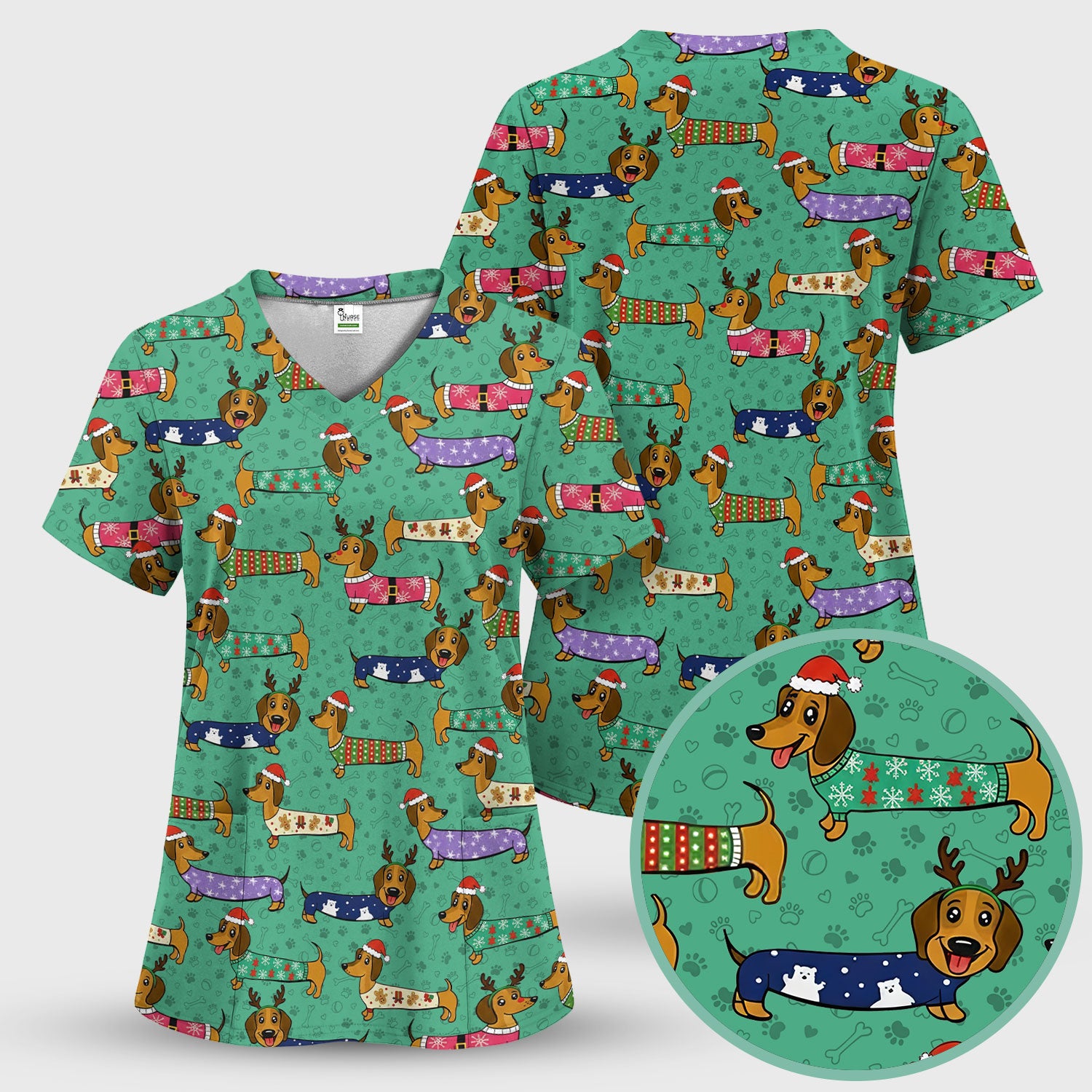 Christmas Dachshund Scrub Top for Women - Cute Dog Nursing Uniform with Pockets - Holiday Reindeer Wiener Dog Shirt - Funny Vet Tech Workwear