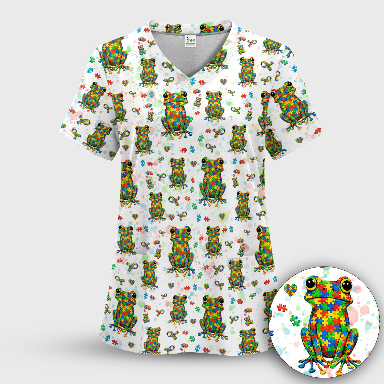 Colorful Autism Puzzle Frog Pattern Scrubs Top, Comfortable Scrubs for Nurses