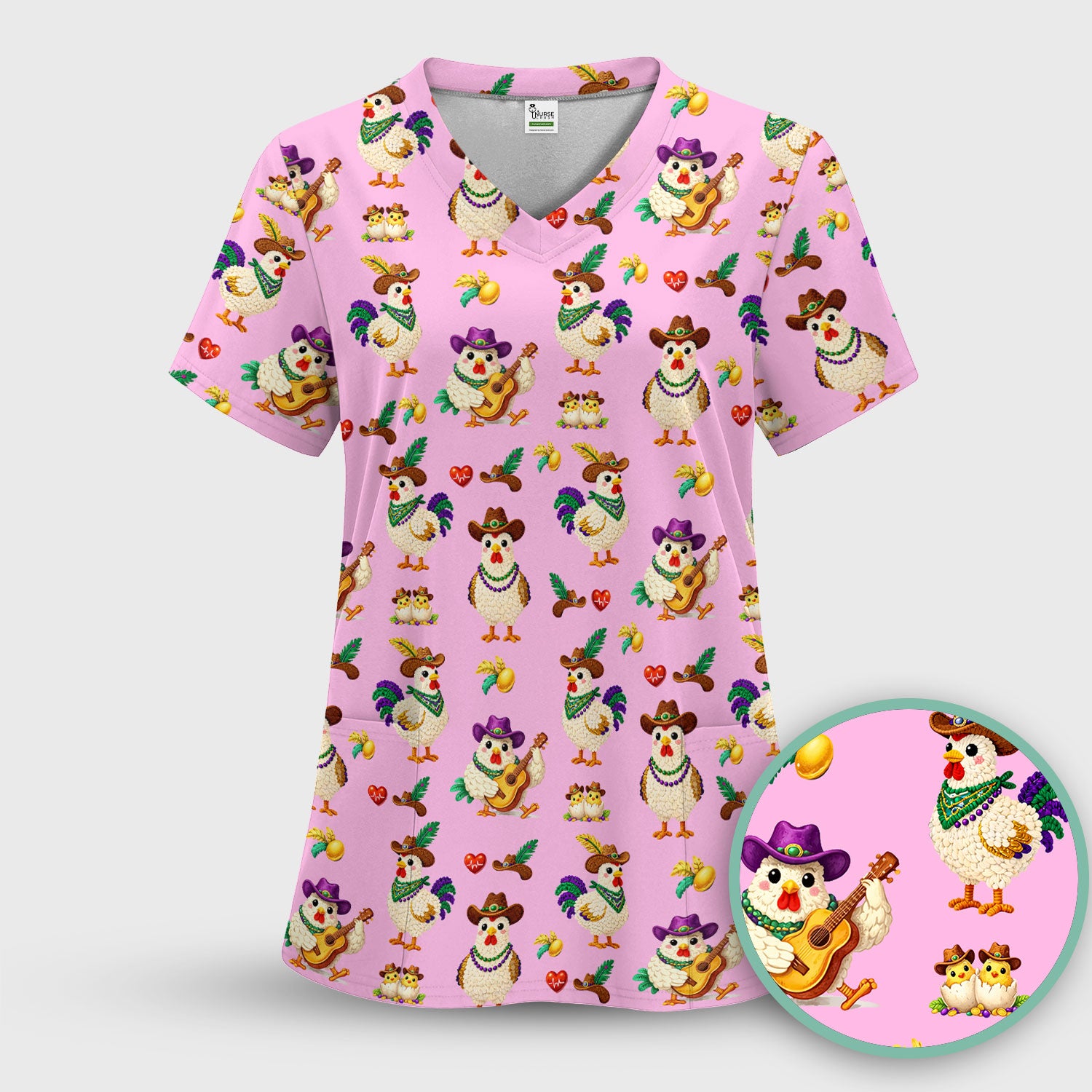 Funny Mardi Gras Rooster Cowboy Print Scrub Top, Comfortable Scrubs for Nurses