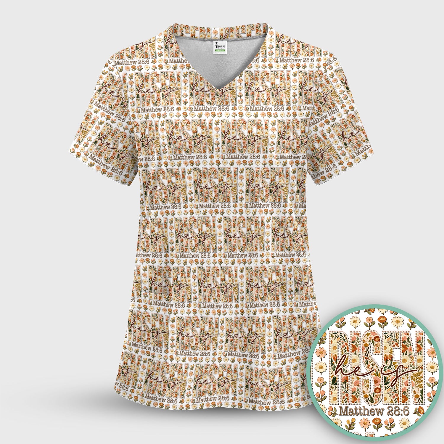 Christian Resurrection Floral Pattern Scrub Top, Comfortable Scrubs for Nurses