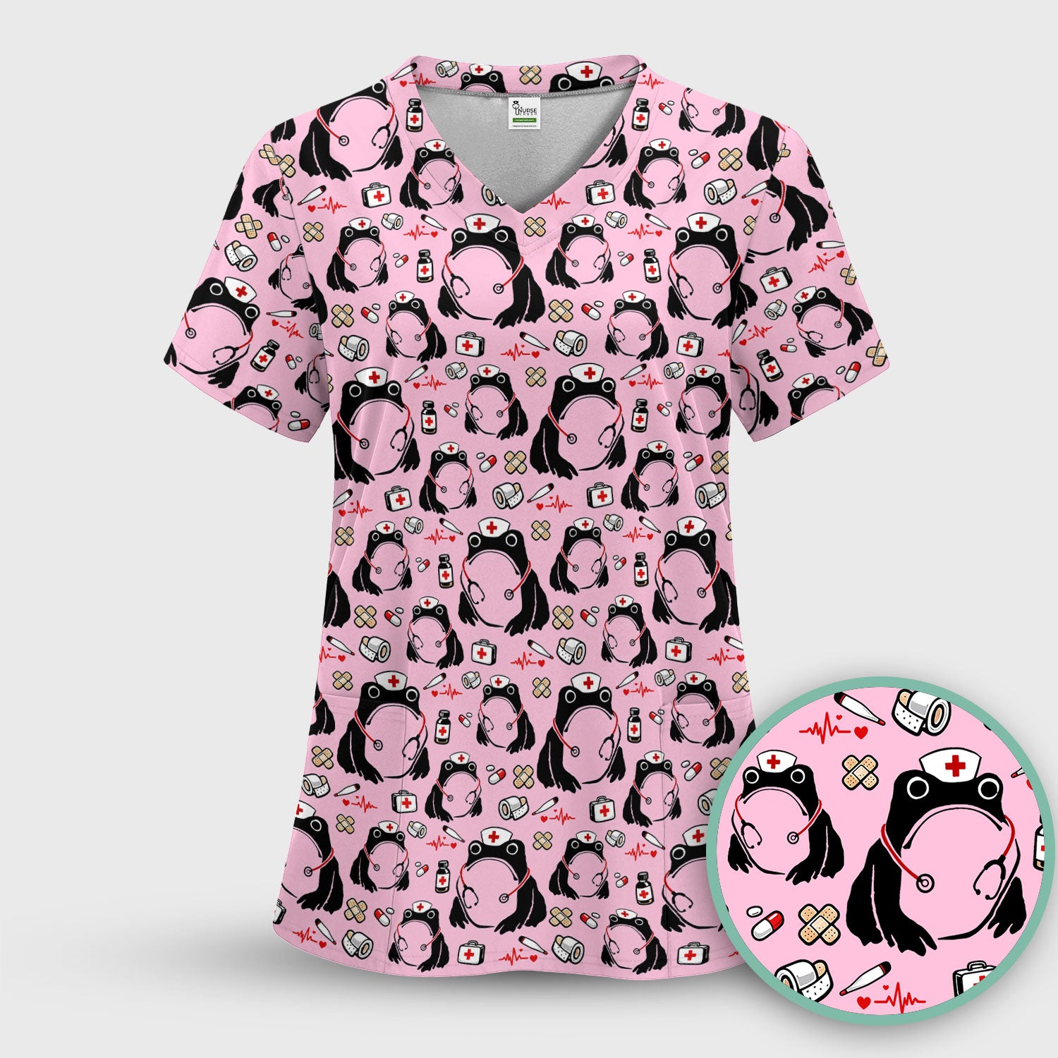 Cute Frog Nurse Medical Print Scrub Top, Comfortable Scrubs for Nurses