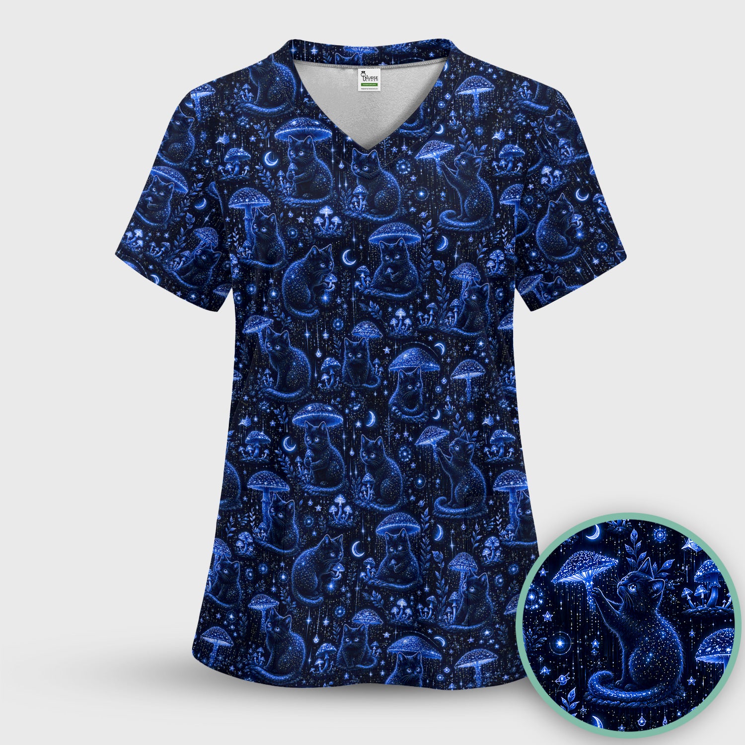 Celestial Black Cat Mushroom Pattern Scrub Top, Comfortable Scrubs for Nurses