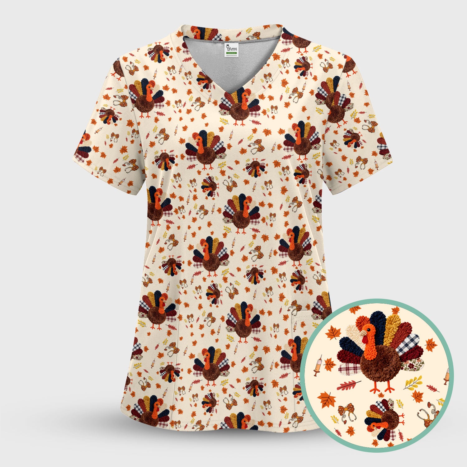 Funny Thanksgiving Nurse Scrub Top - Fall Leaves and Pumpkin Shirt - Autumn Turkey Med Uniform Gift for RN CNA LPN