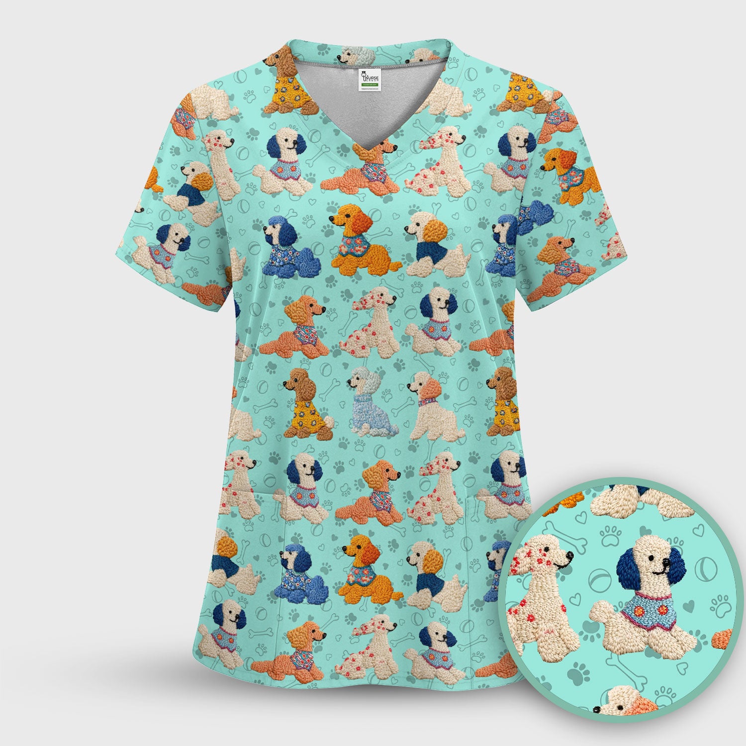 Cute Colorful Poodle Pattern Scrub Top, Comfortable Scrubs for Nurses