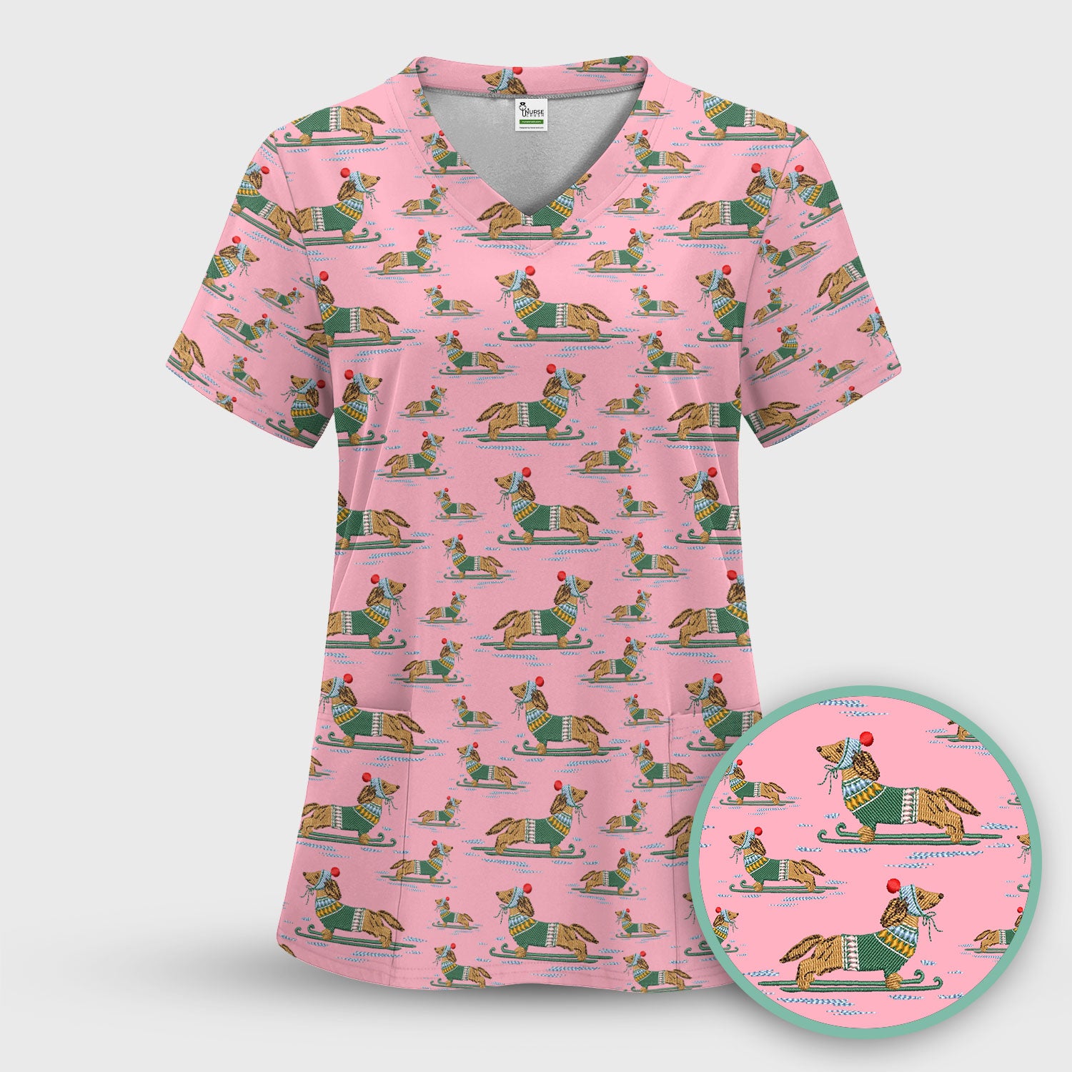 Dachshund Nurse Scrub Top, Wiener Dog Winter Pattern Shirt, Breathable Fabrics Nursing Uniform