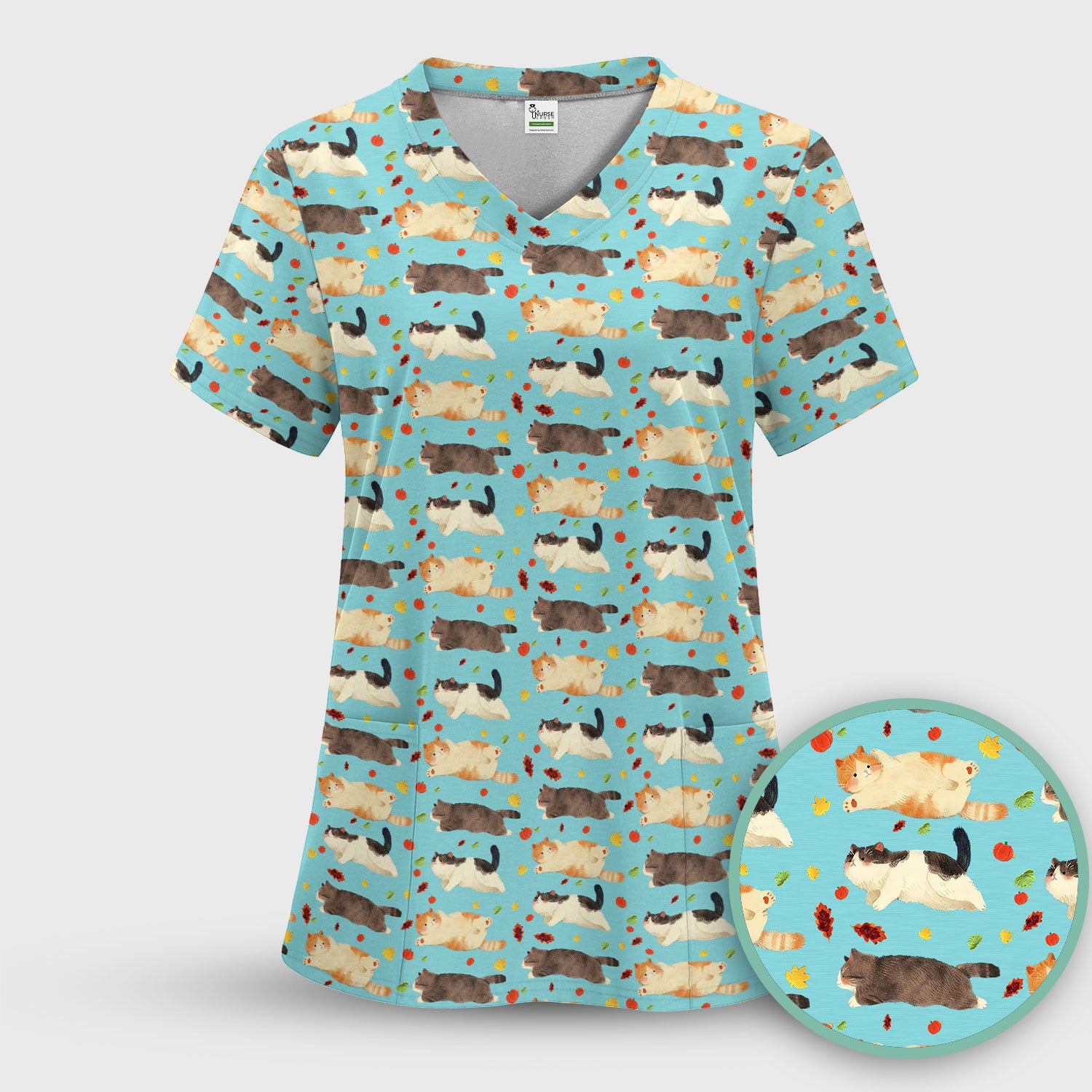 Chubby Cat Autumn Leaves Print Scrub Top, Breathable Fabrics Nursing Uniform