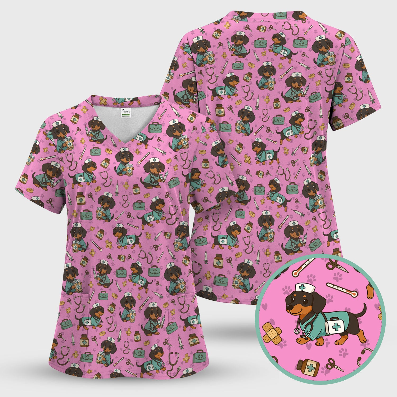 Funny Dachshund Nurse Scrubs - Cute Dog Print Medical Shirt - Holiday Nurse Scrub Top Gift for RN CNA Doctor, Women & Men
