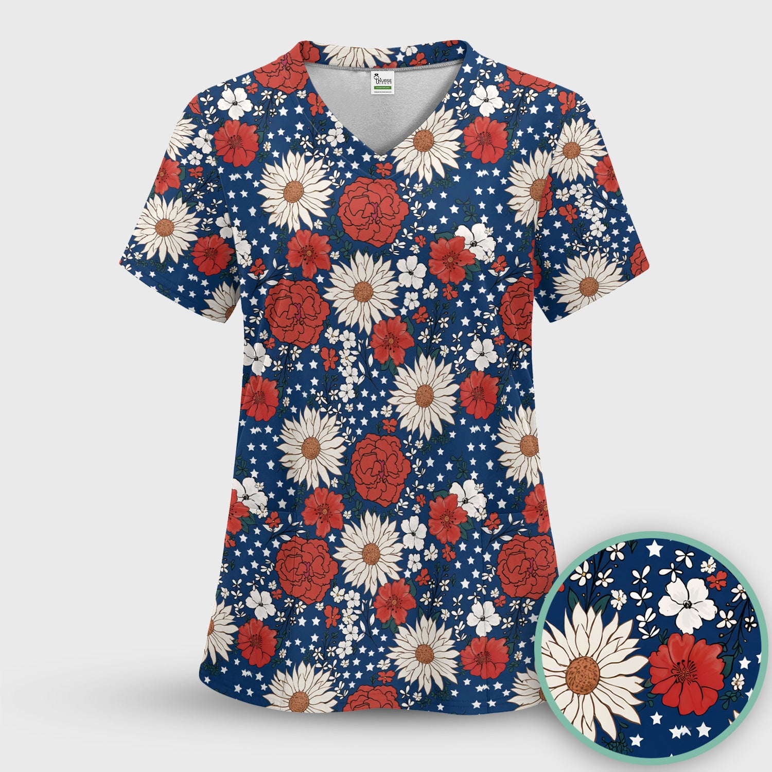 Red White Blue Floral Pattern Scrub Top, Comfortable Scrubs for Nurses