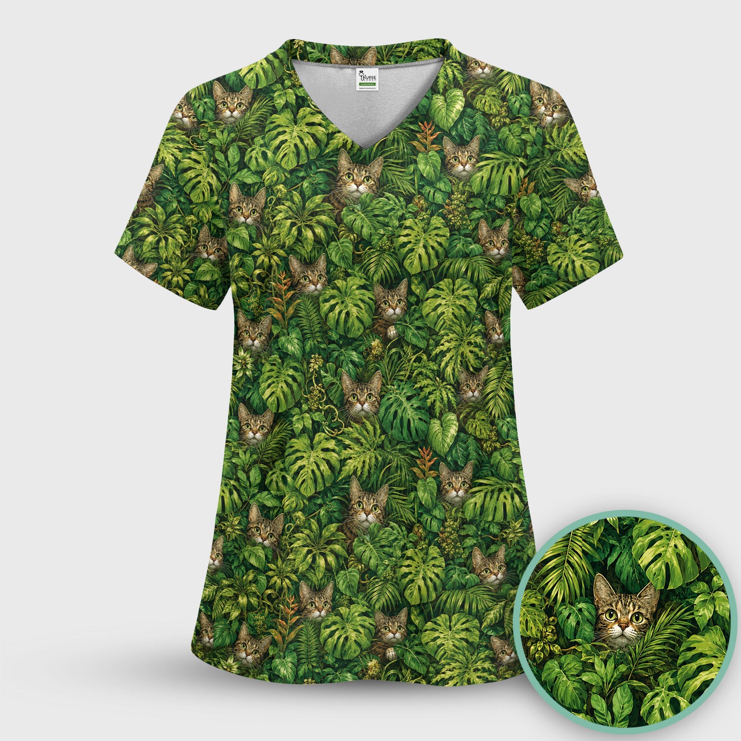 Hidden Jungle Cat Veterinary Nurse Pattern Scrub Top, Comfortable Scrubs for Nurses