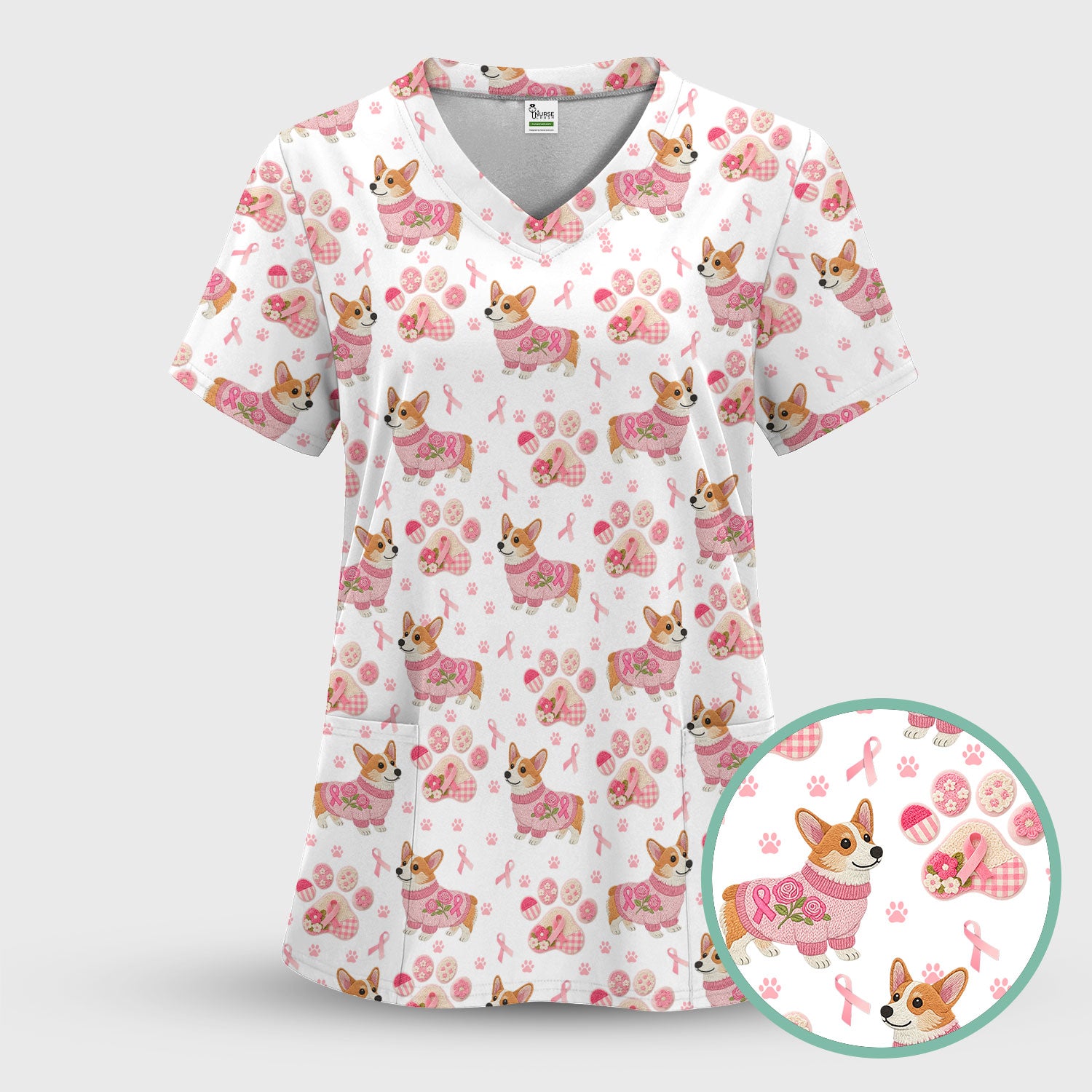Corgi Pink Ribbon Scrub for Women - Breast Cancer Awareness Shirt - Floral Dog Paw Print Nursing Uniform - Support Gift
