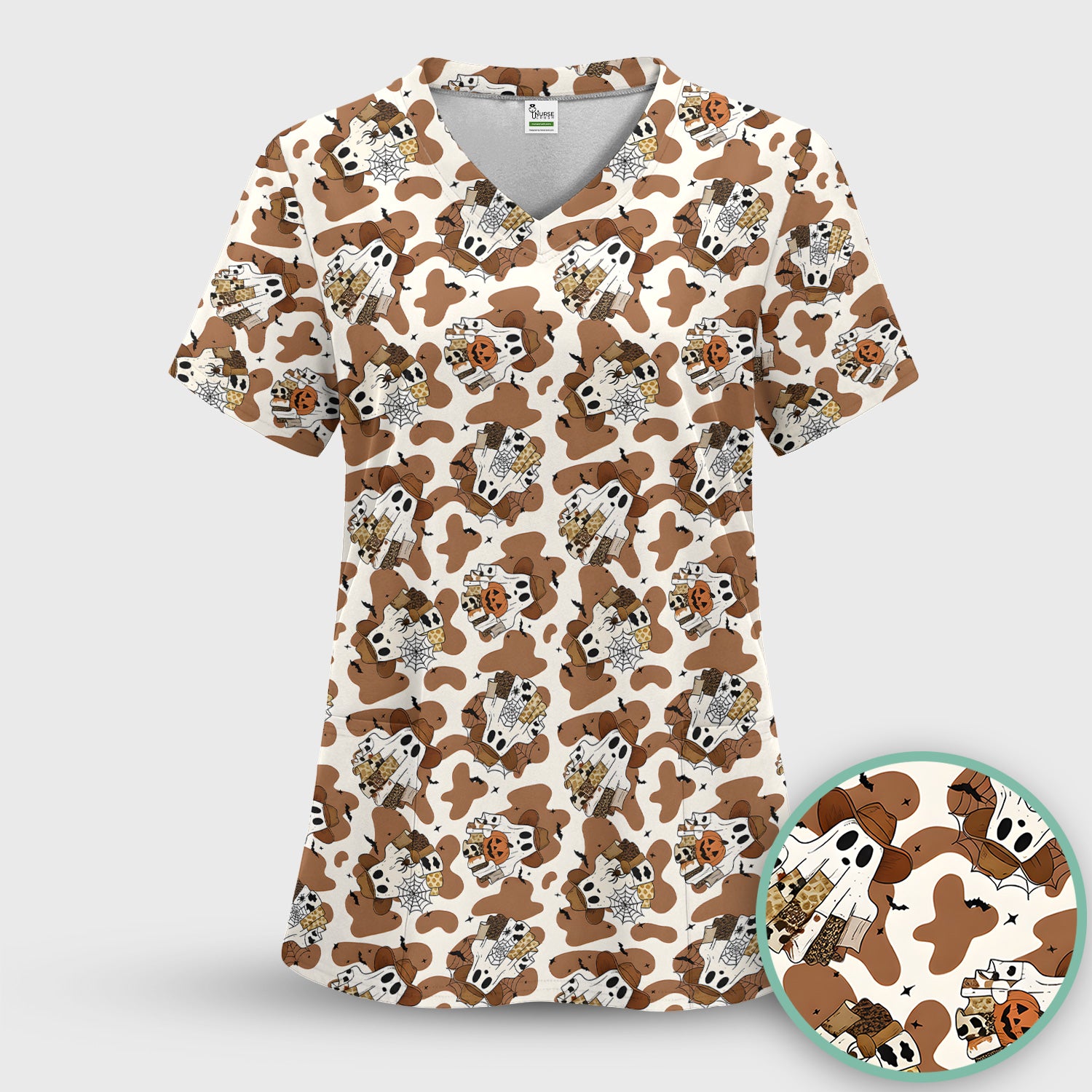 Halloween Cow Ghost Print Scrub Set, Scrub Pants and V Neck Top