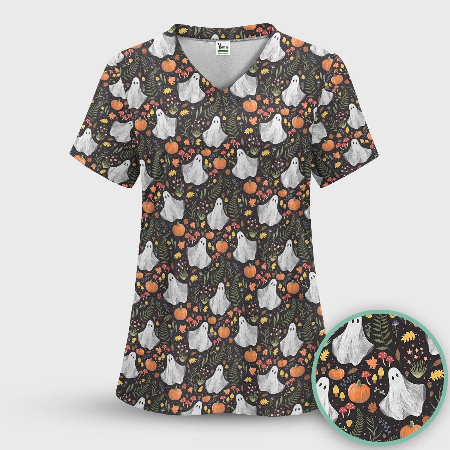 Pumpkin Woodland Pattern Scrub Set, Scrub Pants and V Neck Top