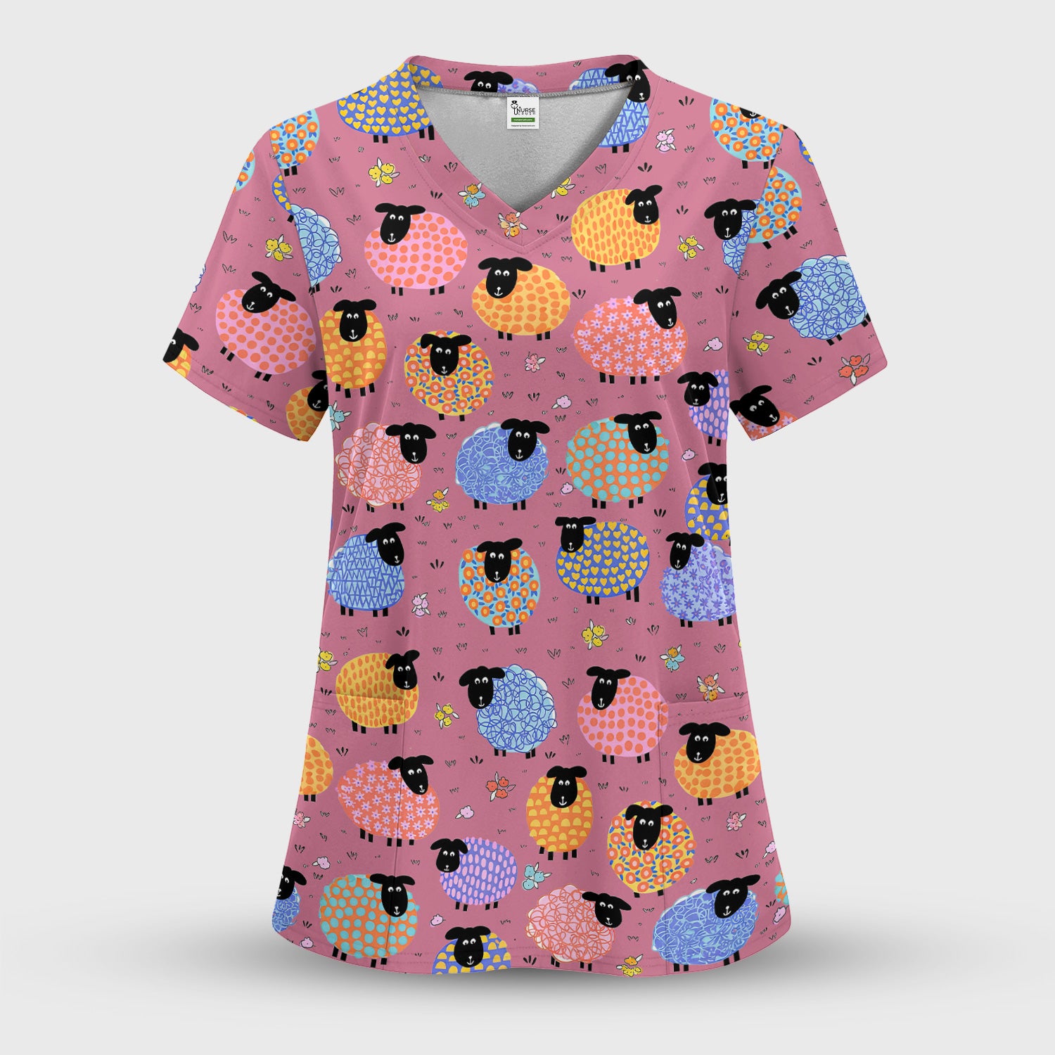 Funny Colorful Sheep Pattern Scrub Top, Comfortable Scrubs for Nurses
