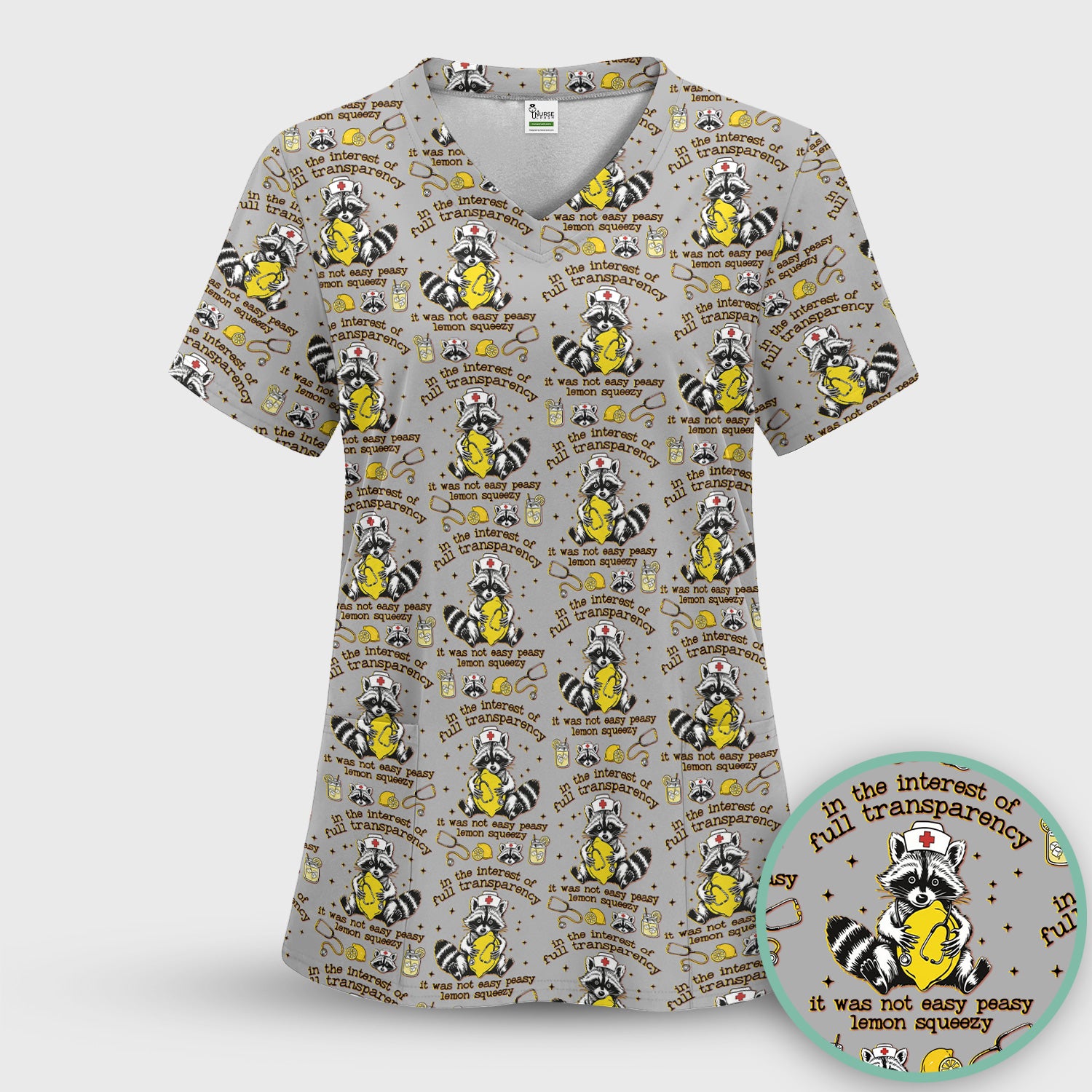 Raccoon Lemon Quote Medical Humor Pattern Scrub Top, Breathable Fabrics Nursing Uniform