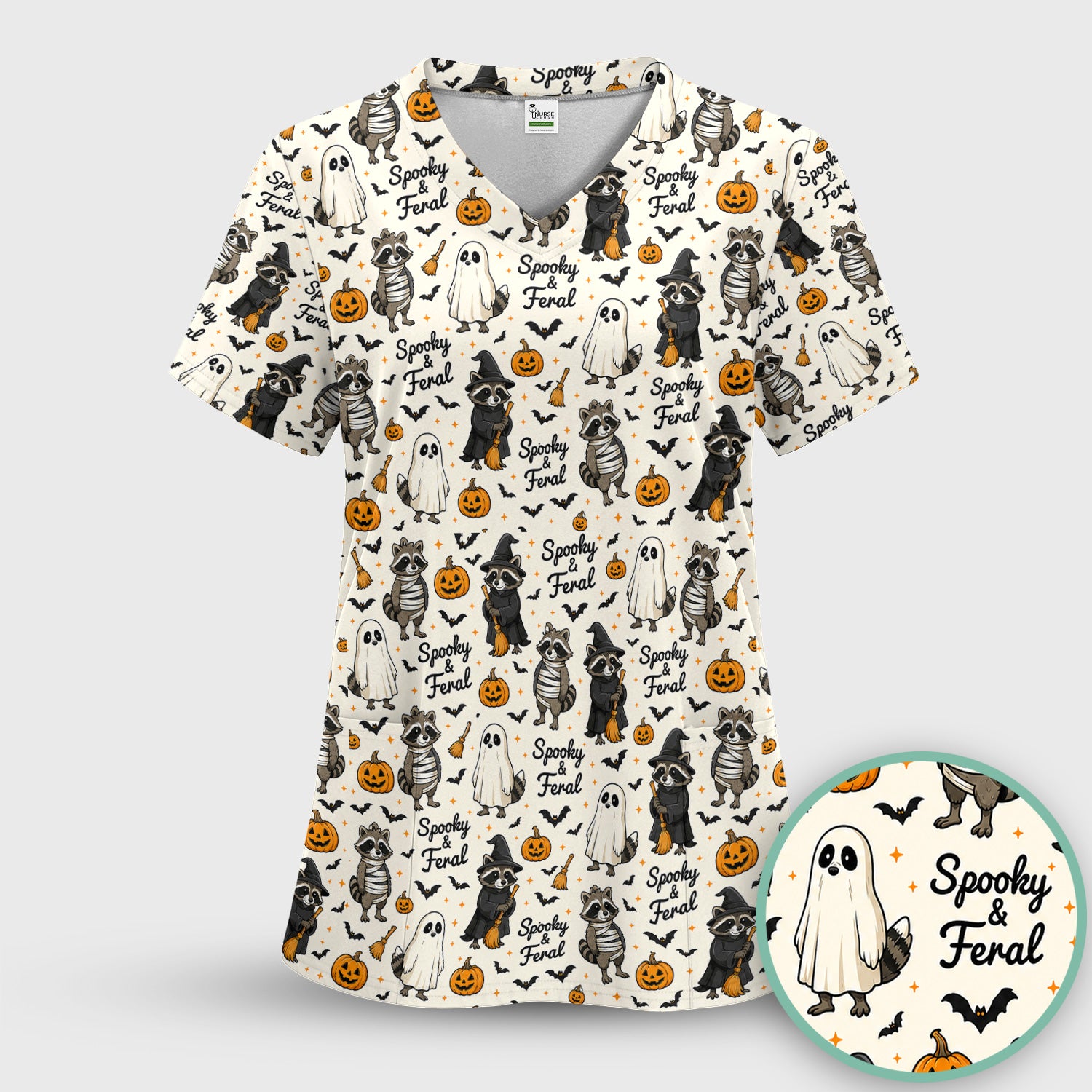 Spooky And Feral Halloween Raccoon Scrub Set, Scrub Pants and V Neck Top