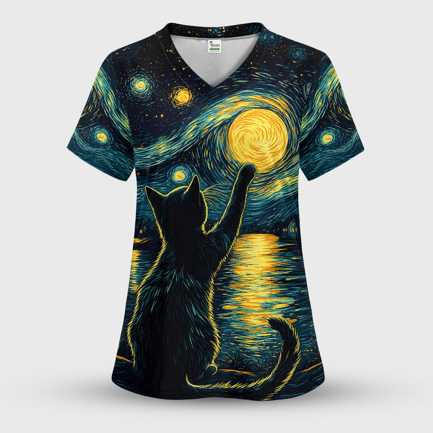 Starry Moonlit Black Cat Scrub Top, Comfortable Scrubs for Nurses