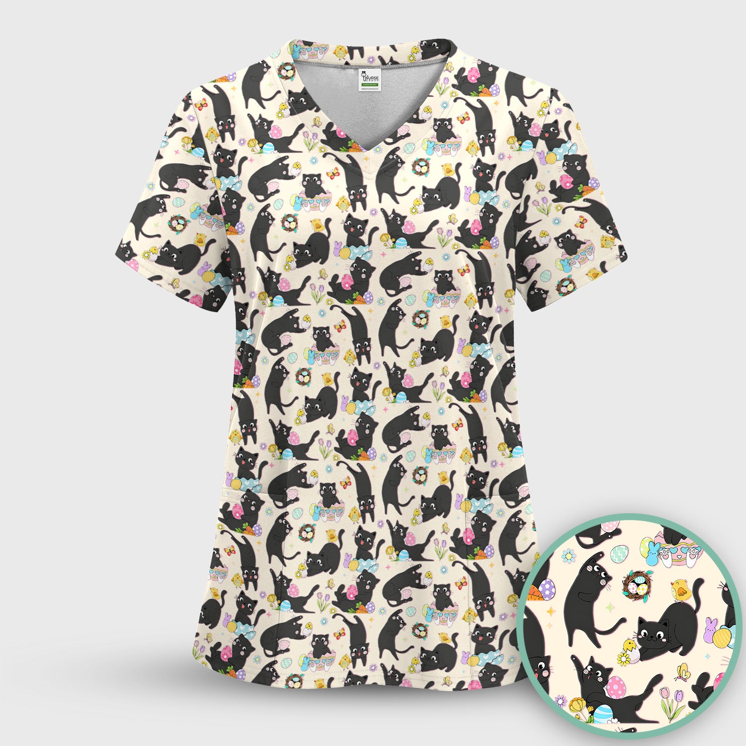 Playful Black Cat Easter Egg Pattern Scrub Top, Comfortable Scrubs for Nurses
