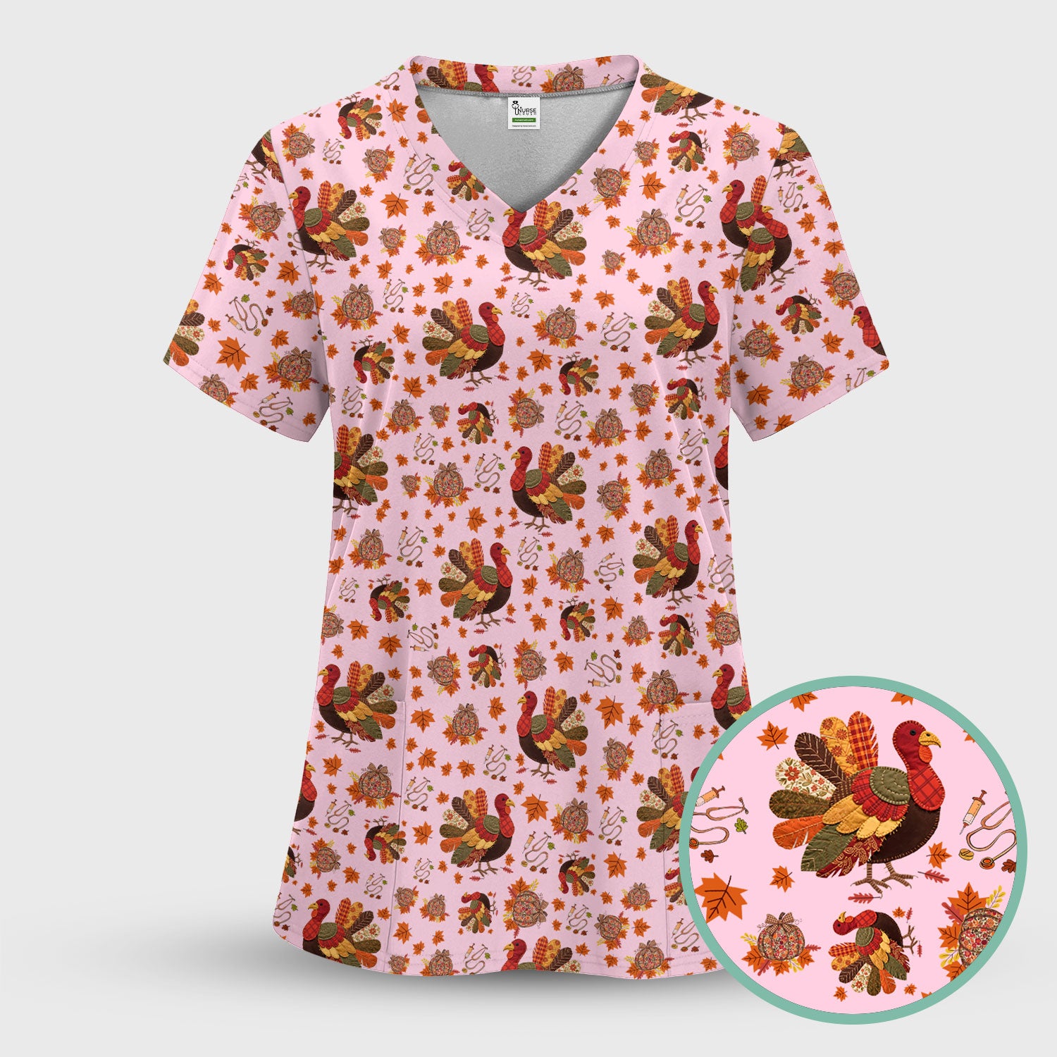 Thanksgiving Turkey Nurse Scrub Top for Women - Fall Leaves Pattern Shirts - Autumn Nursing Uniform Gift for RN LPN CNA