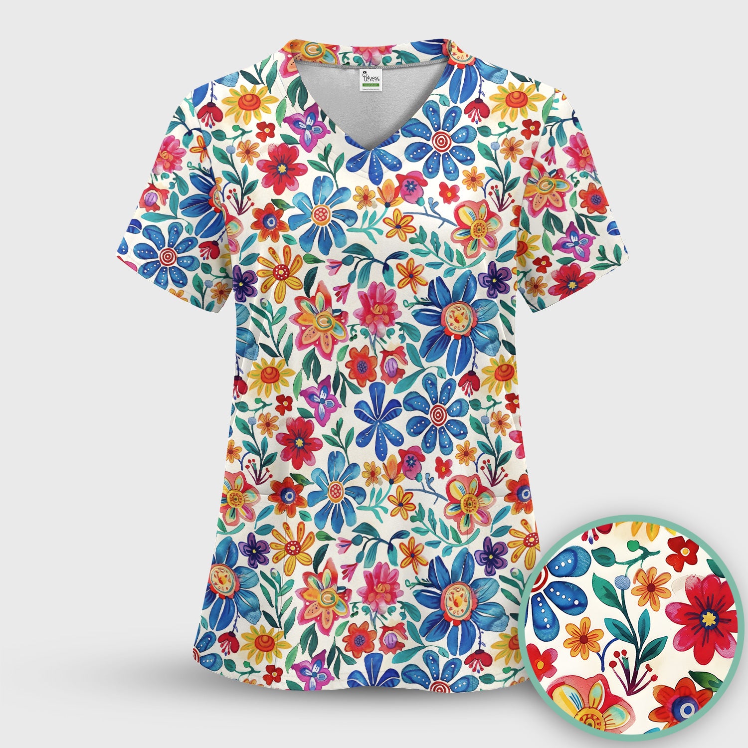 Colorful Folk Floral Print Scrub Set, Scrub Pants and V Neck Top