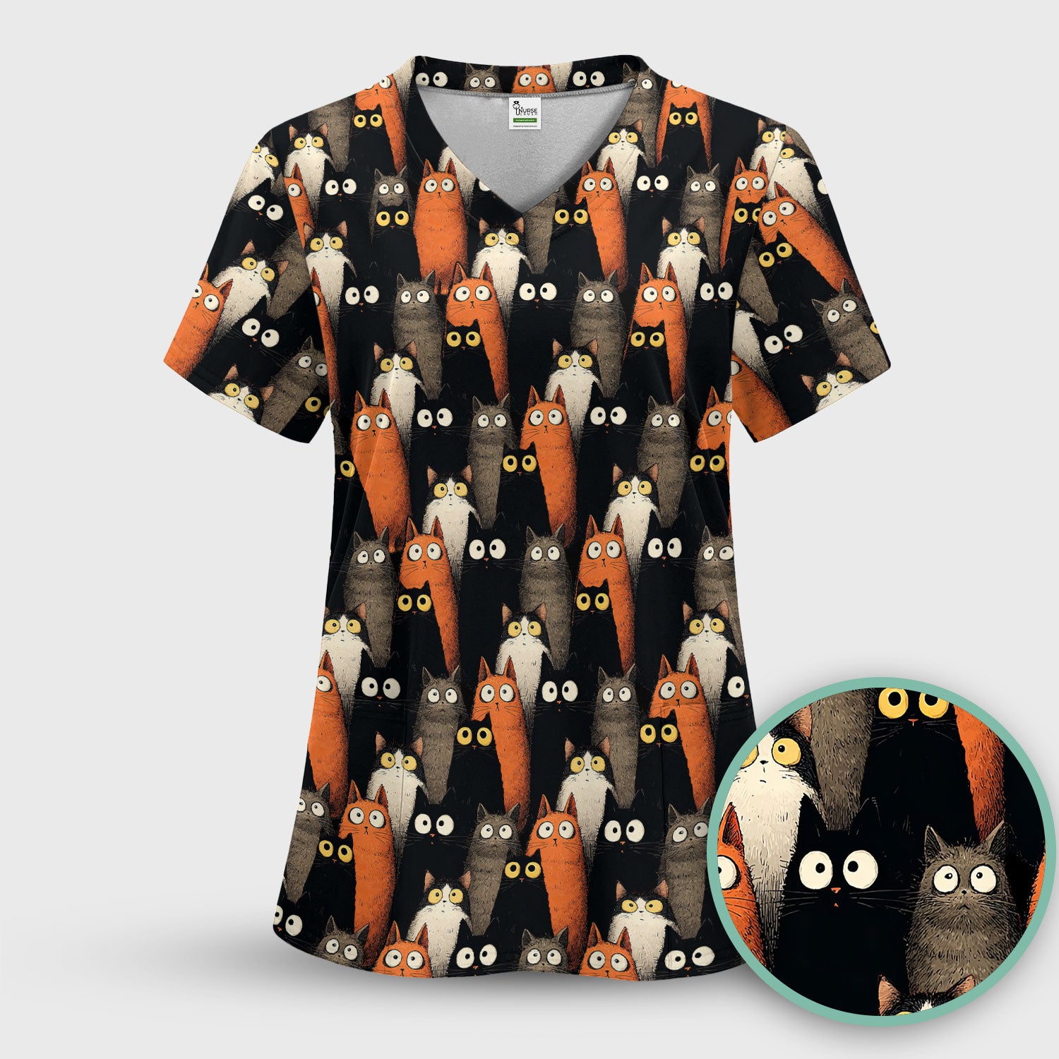 Black Cat Pattern Nurse Scrub Top, Cat Lover Nurse Shirt, Breathable Fabrics Nursing Uniform