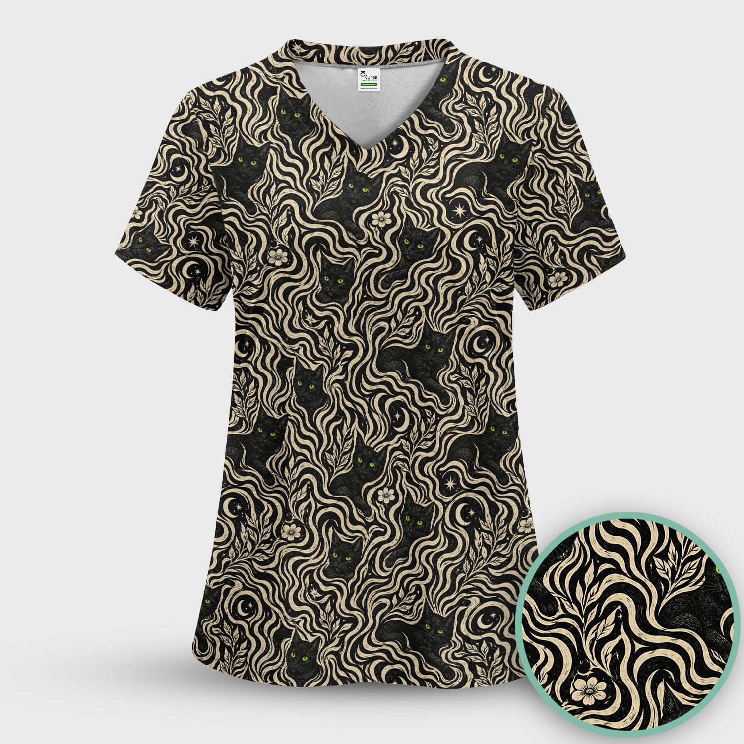 Mystical Black Cat Moonlit Pattern Scrub Top, Comfortable Scrubs for Nurses
